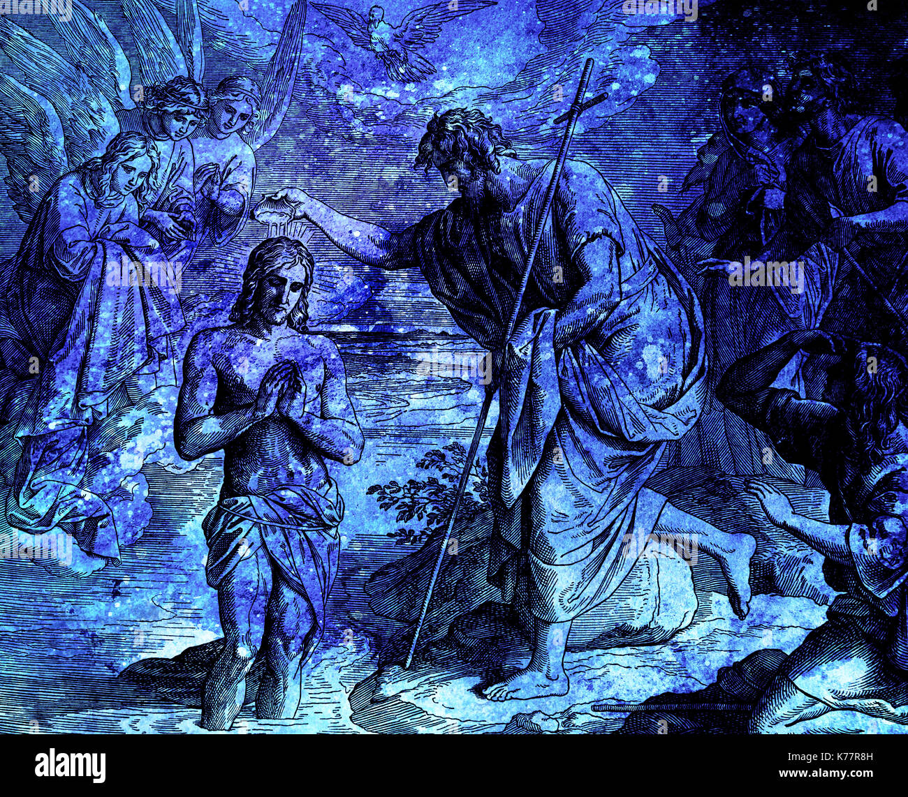 Baptism of Jesus Christ by John the Baptist, graphic collage from