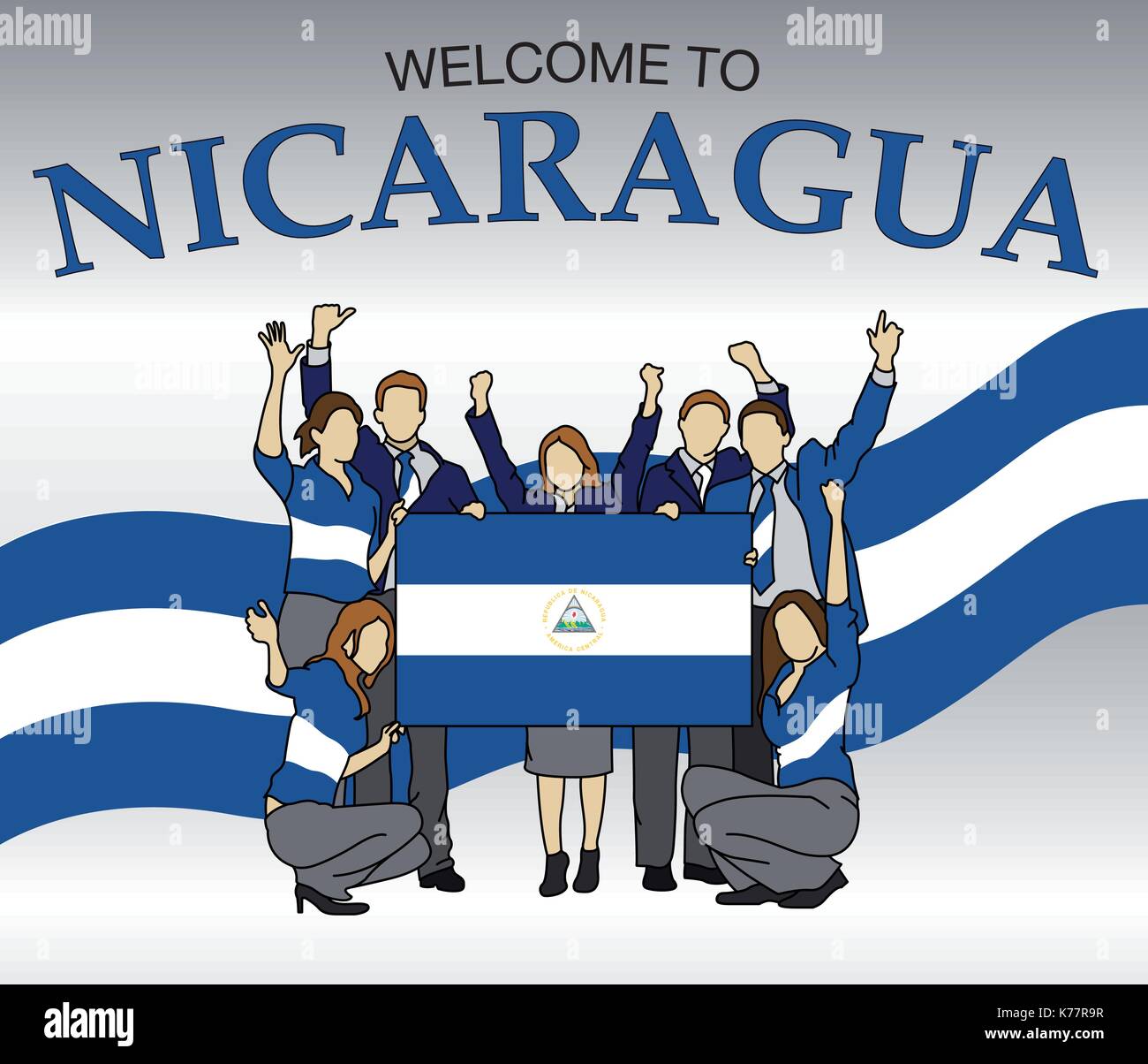 Welcome to Nicaragua. Group of people dressed in the colors of the Nicaragua flag, waving with hands and holding the flag - Vector image Stock Vector