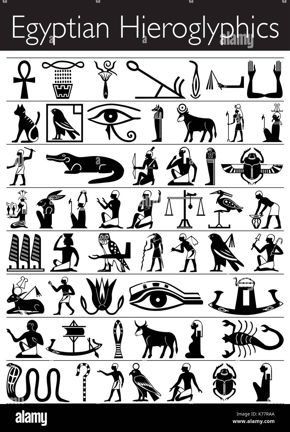 Set of Egyptian Hieroglyphics in black color on white background Stock Vector