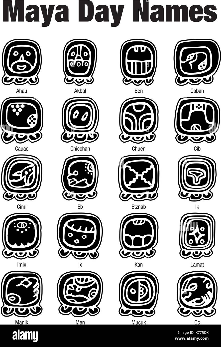 Maya Day Names Glyphs in black color on white background Stock Vector