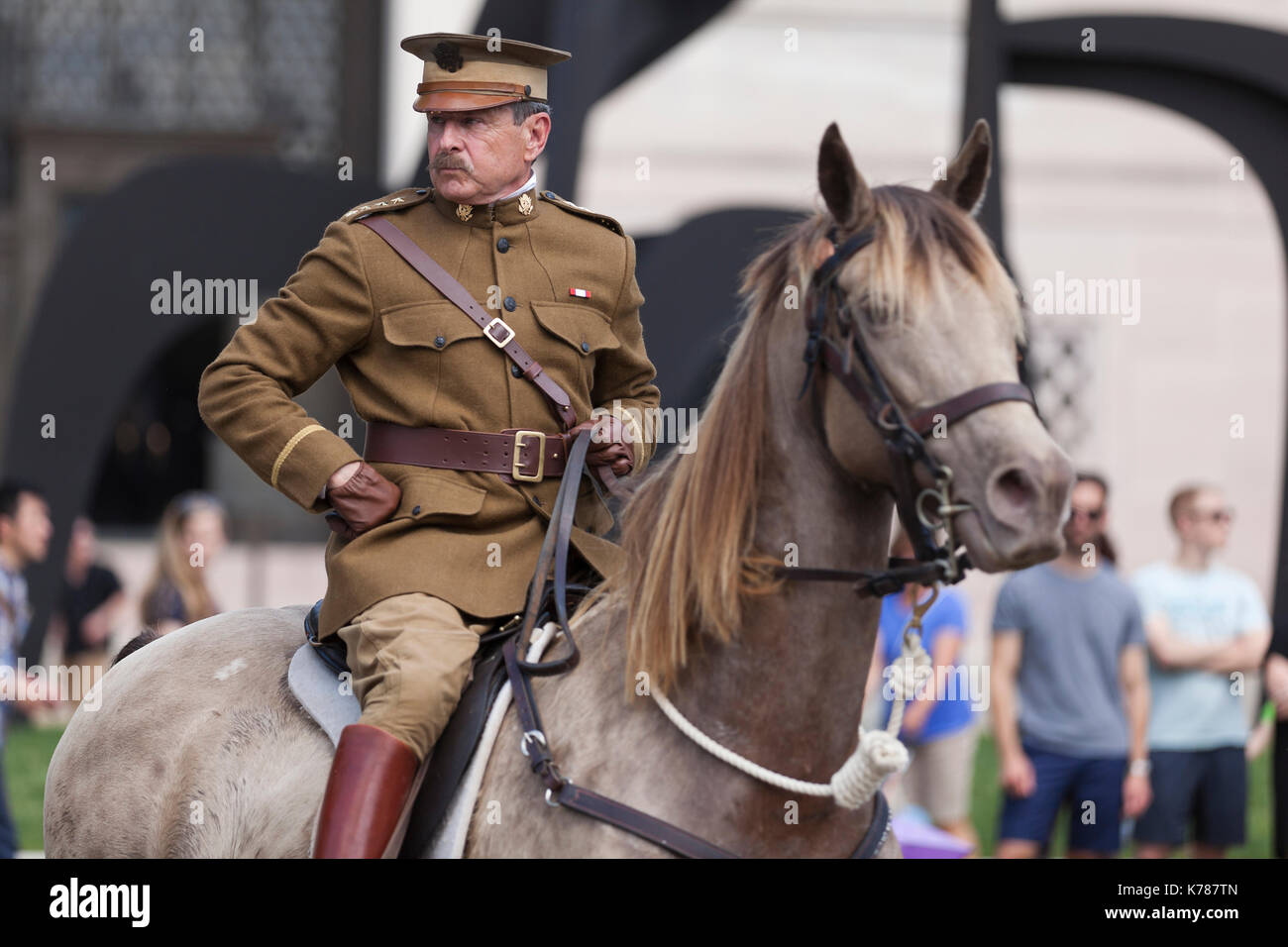 General John Pershing impersonator, David Shuey, on horseback during National Memorial Day parade - Washington, DC USA Stock Photo