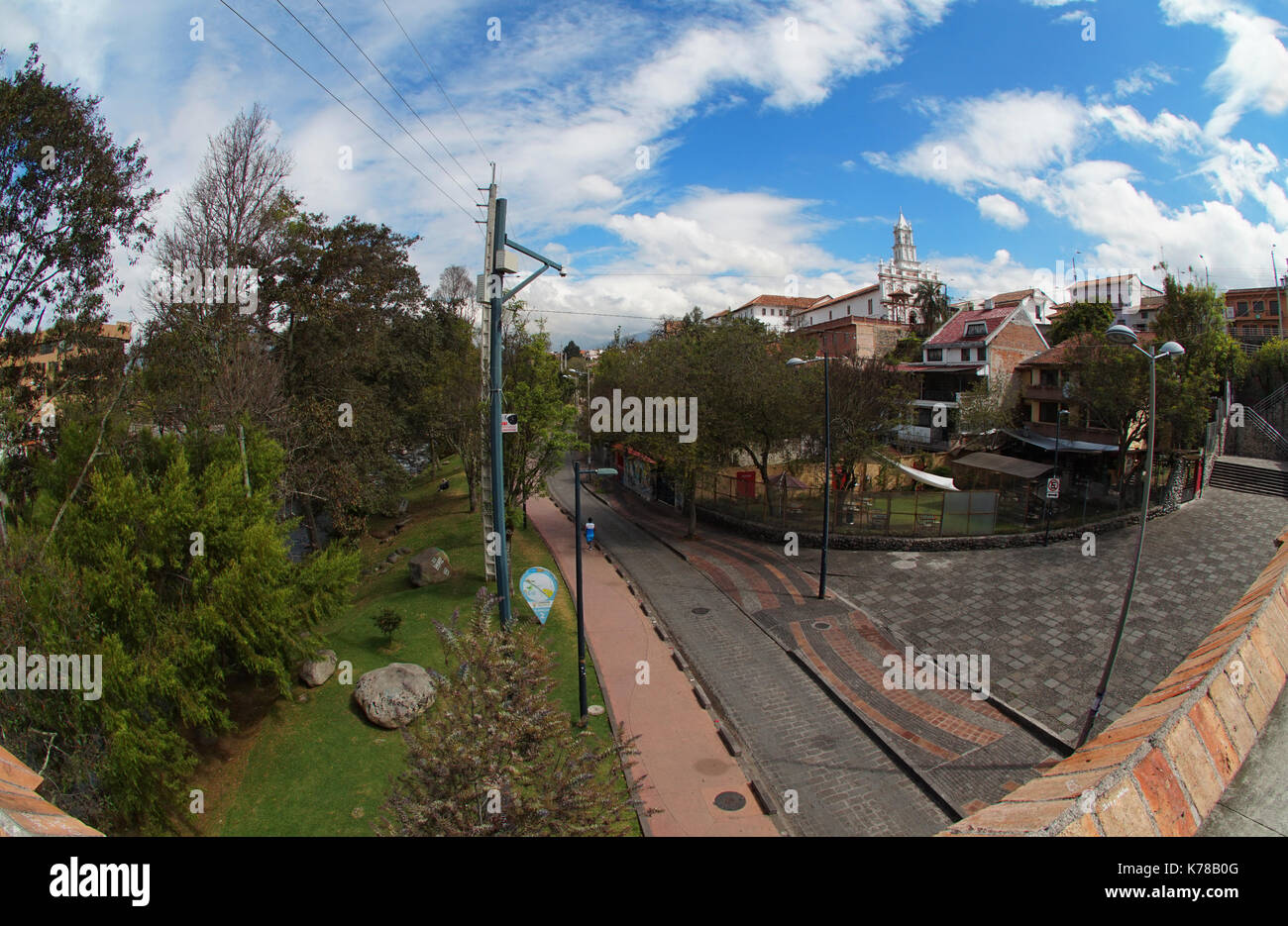 View of the Todos Santos Church from the broken bridge in the city of Cuenca. Wide angle Stock Photo