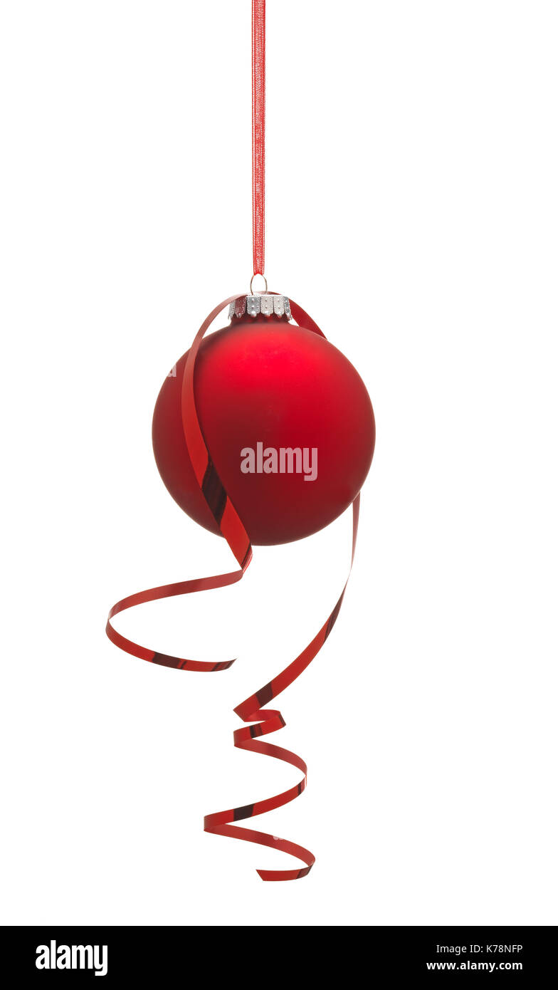 Red Hanging Bauble with Ribbon Stock Photo