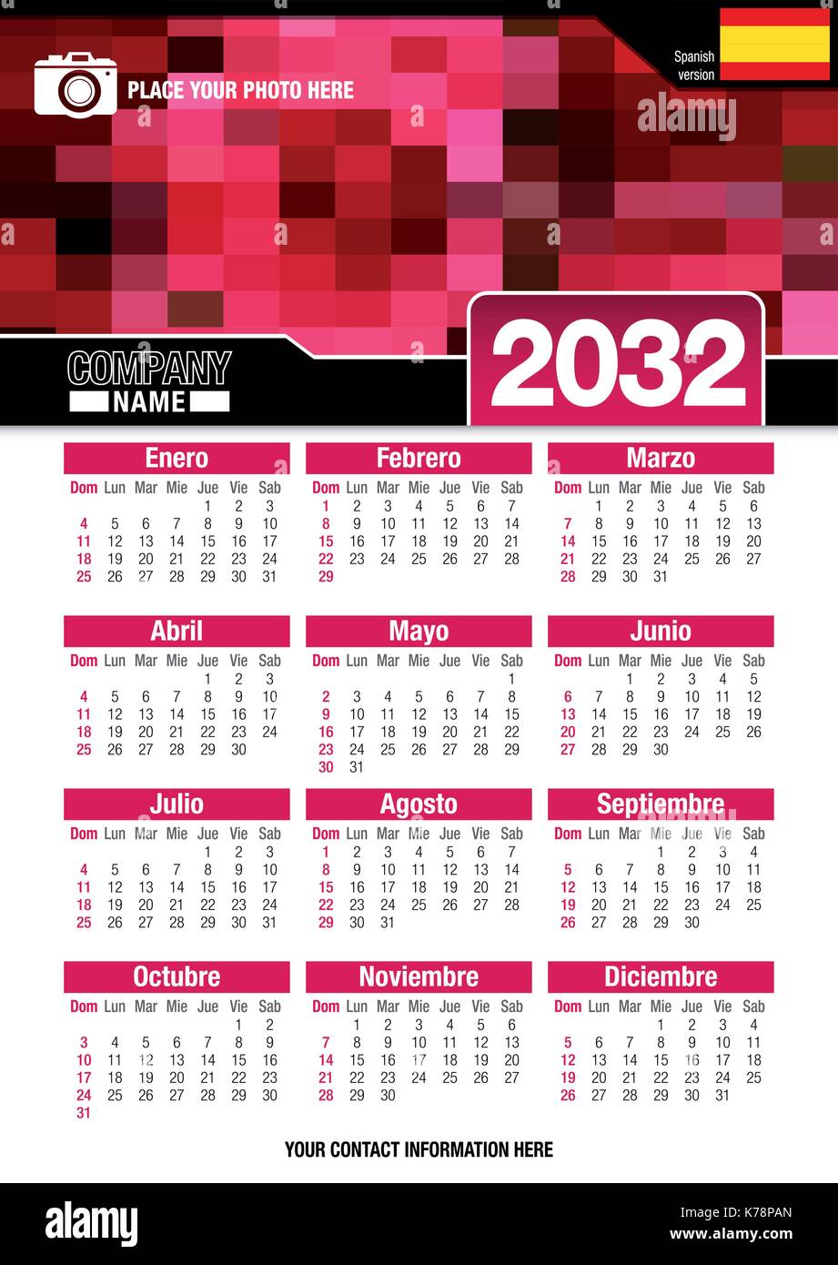 Useful wall calendar 2032 with design of red colors mosaic. Format A4 vertical. Size: 210mm x 297mm. Spanish version - Vector image Stock Vector