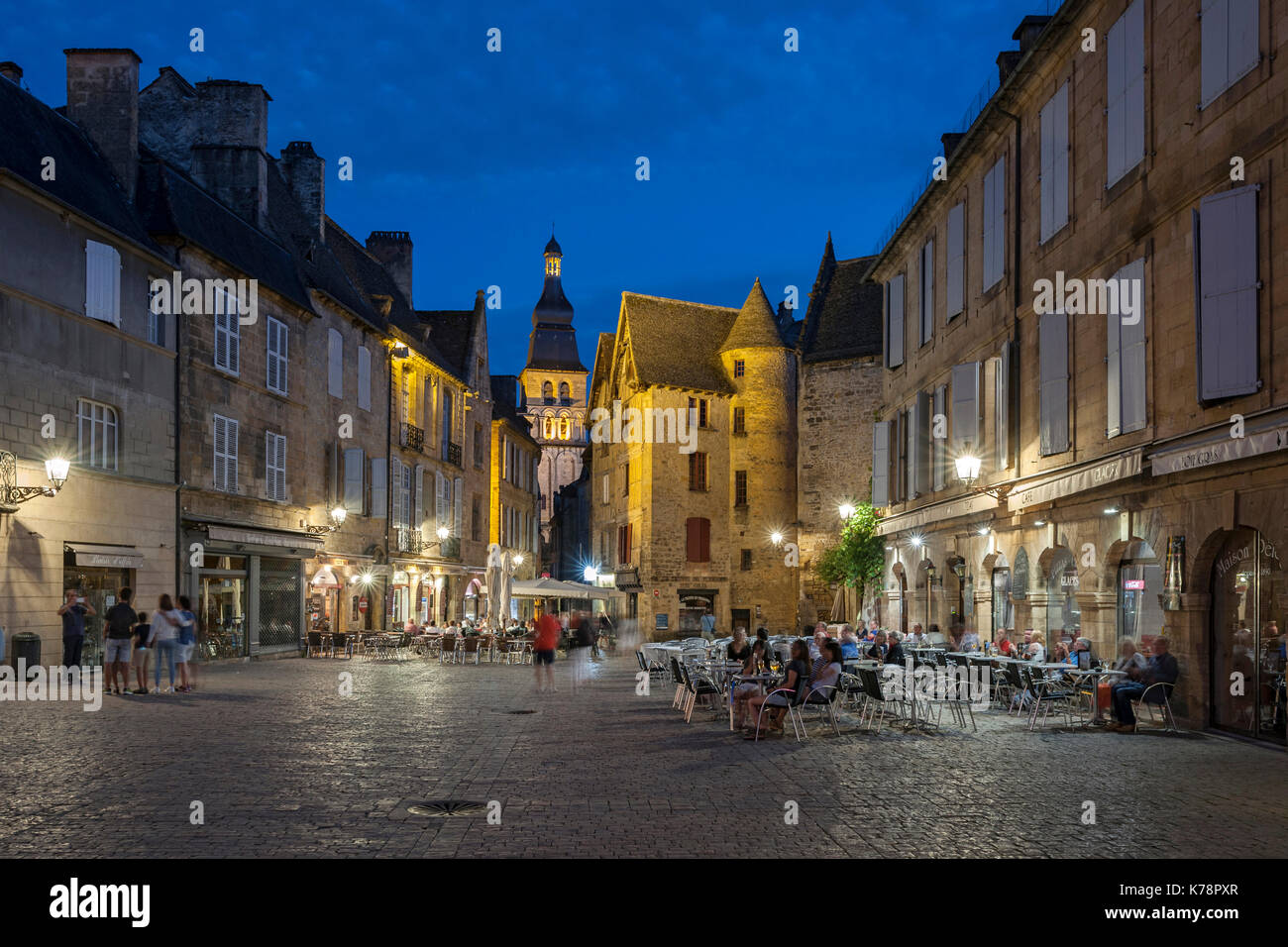 Dusk view of the old town in Sarlat in the Dordogne region of southwest France. Stock Photo