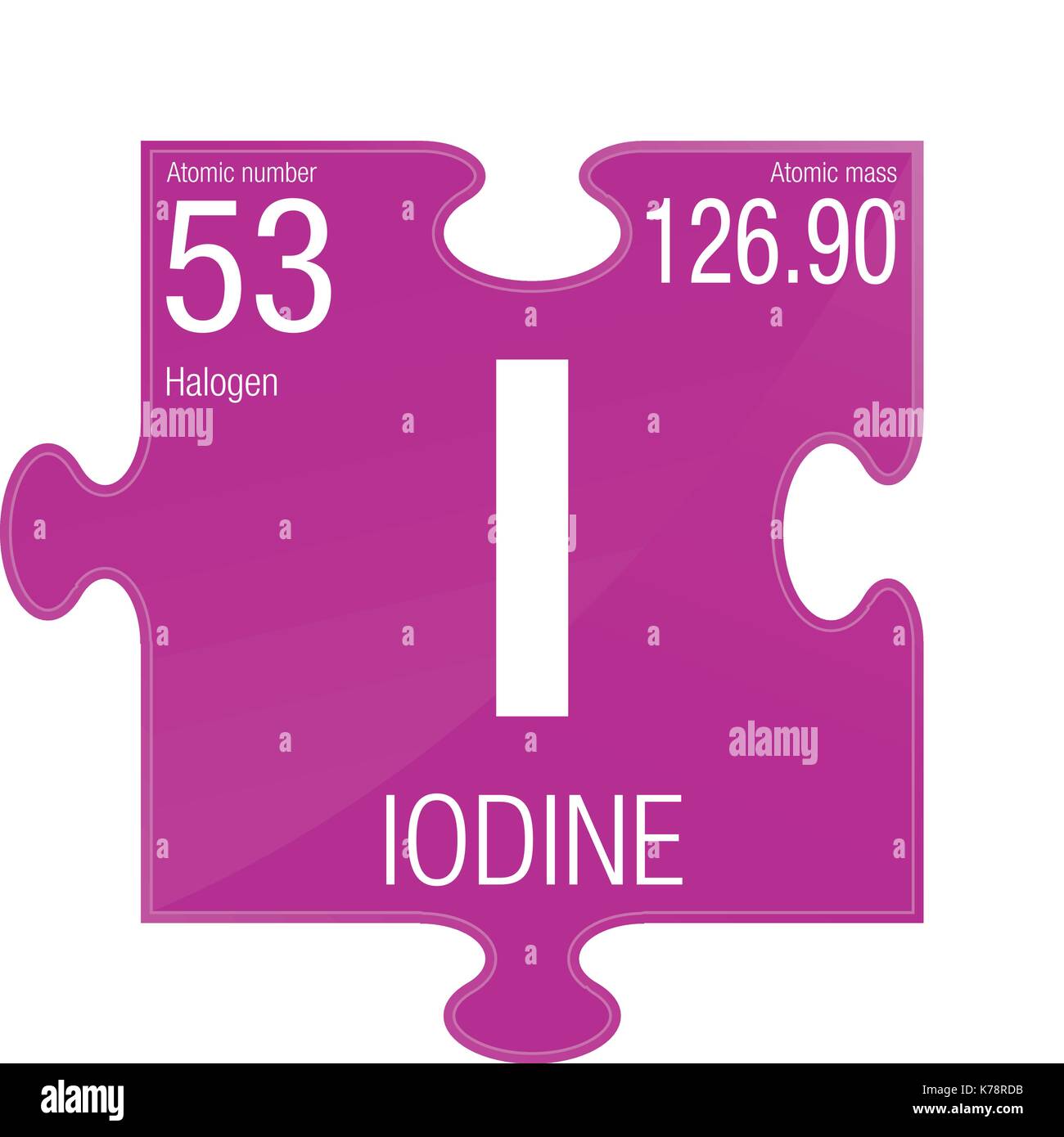 Iodine symbol. Element number 53 of the Periodic Table of the Elements - Chemistry -  Puzzle piece with magenta background Stock Vector