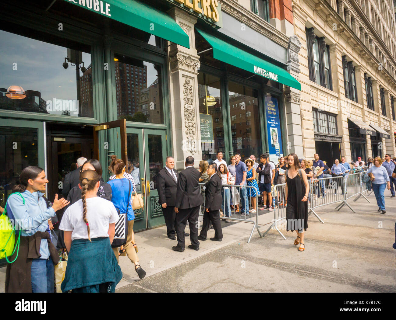 Hundreds of Hillary Clinton supporters line up outside of the Union Square Barnes & Noble in New York for Clinton's book signing event on Tuesday, September 12, 2017. The book, entitled 'What Happened' tells Clinton's story of the 2016 Presidential election.  (© Richard B. Levine) Stock Photo