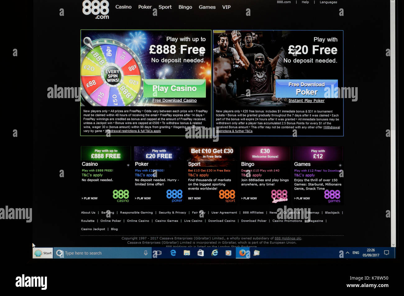 888.com online gambling website on computer screen Stock Photo