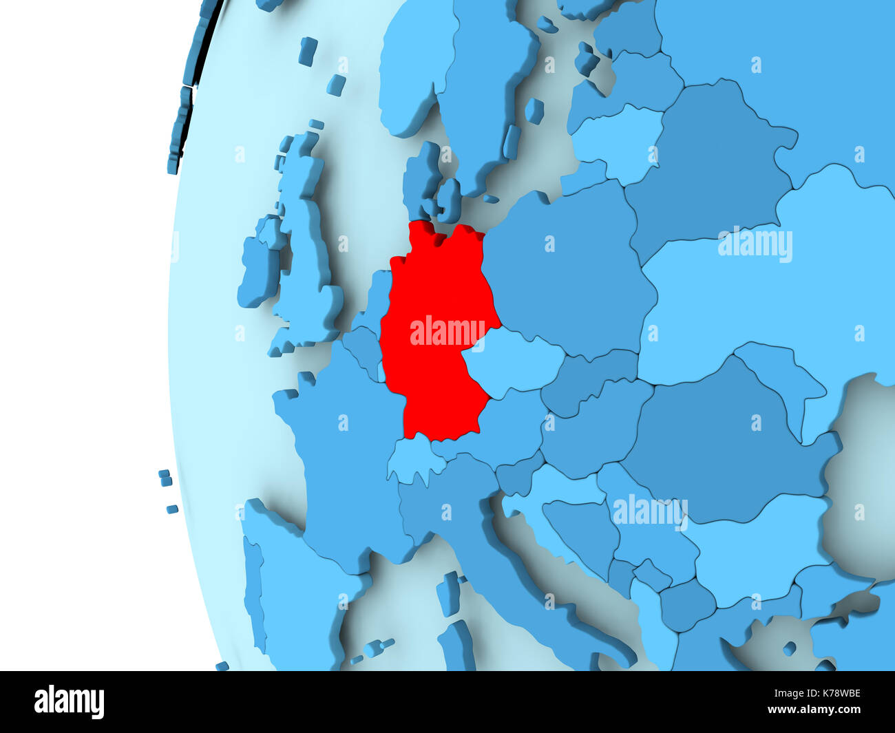 3D render of Germany in red on blue political globe. 3D illustration ...