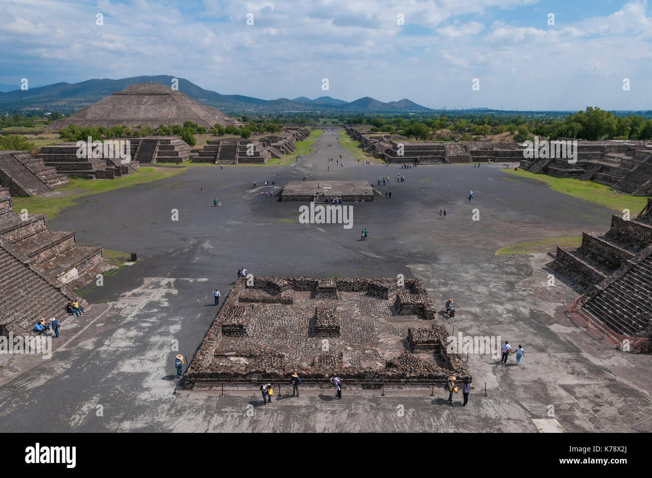The archaeological site of Teotihuacan seen from the top of the moon pyramid with a view over the alley of the dead and the sun pyramid, Mexico City. Stock Photo
