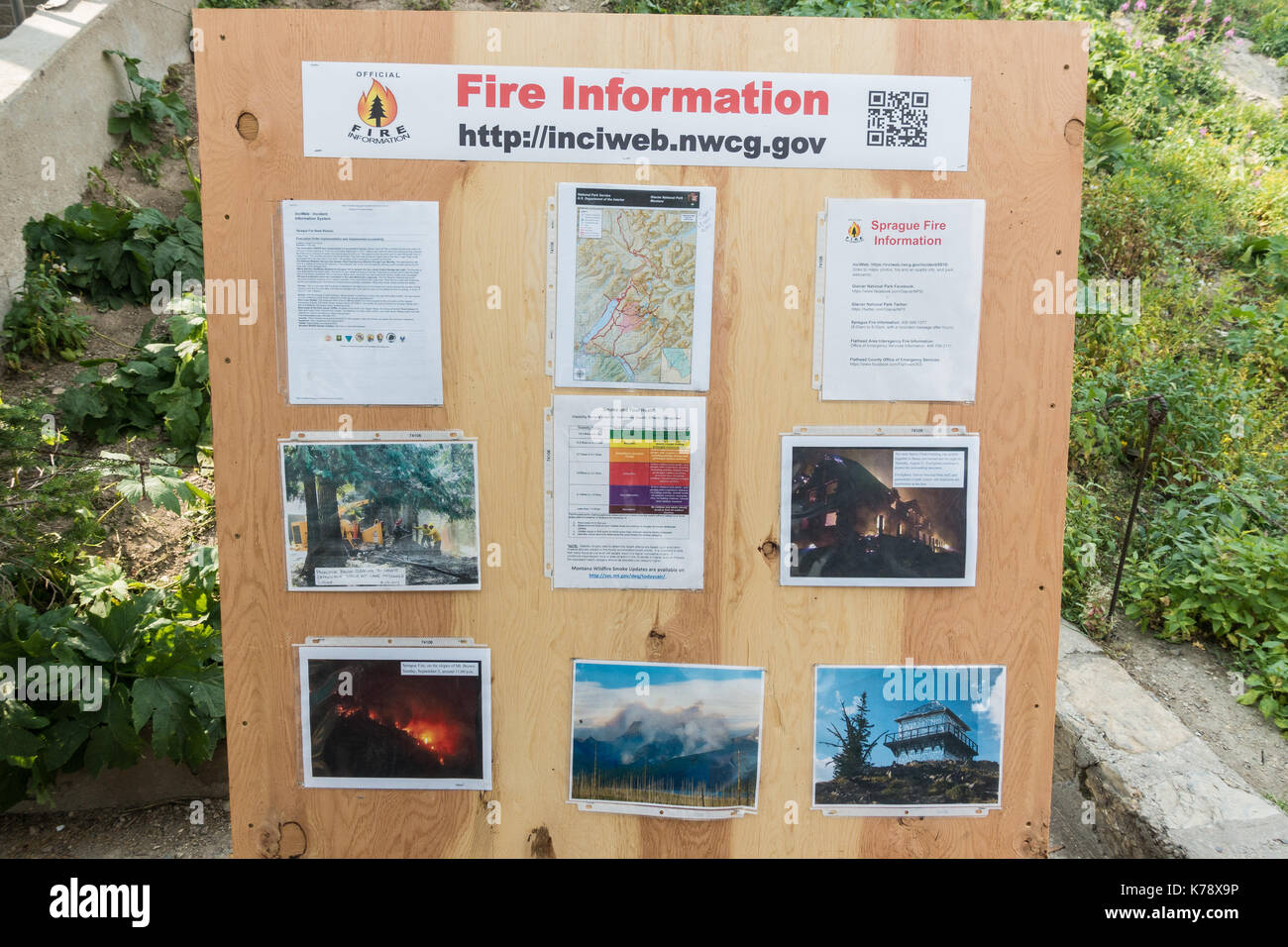 Information board and current air conditions on the Sprague Fire affecting the Glacier National Park, Montana posted at the Logan Pass visitor center Stock Photo