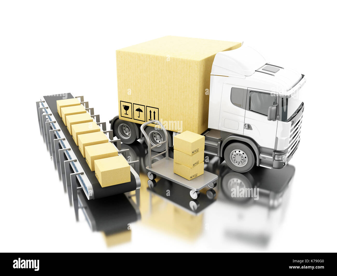 3d illustration. Truck with carboard boxes with conveyer belt and hand