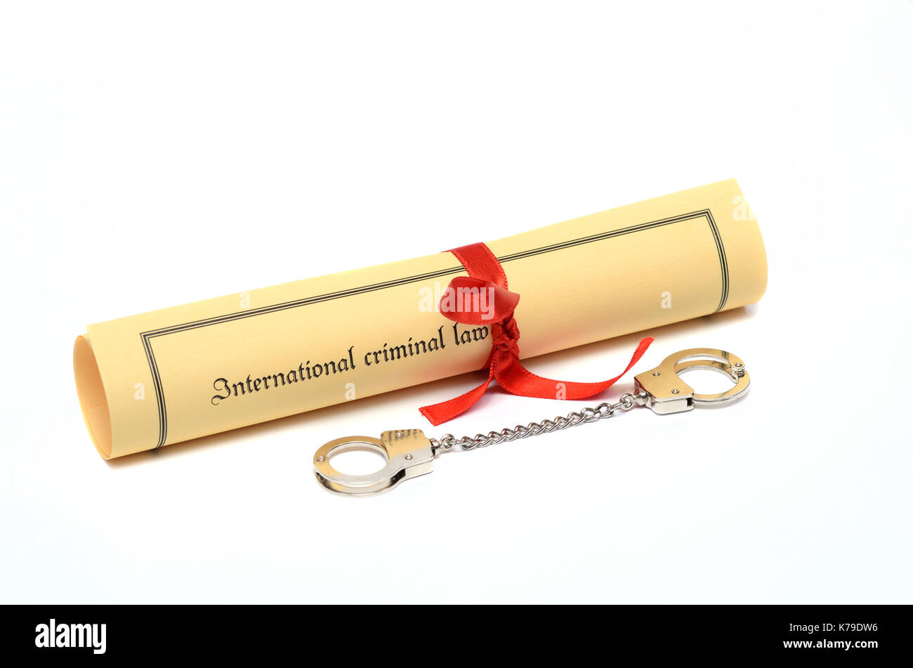 Handcuffs and International criminal law, law concept, isolated on the white background. Stock Photo