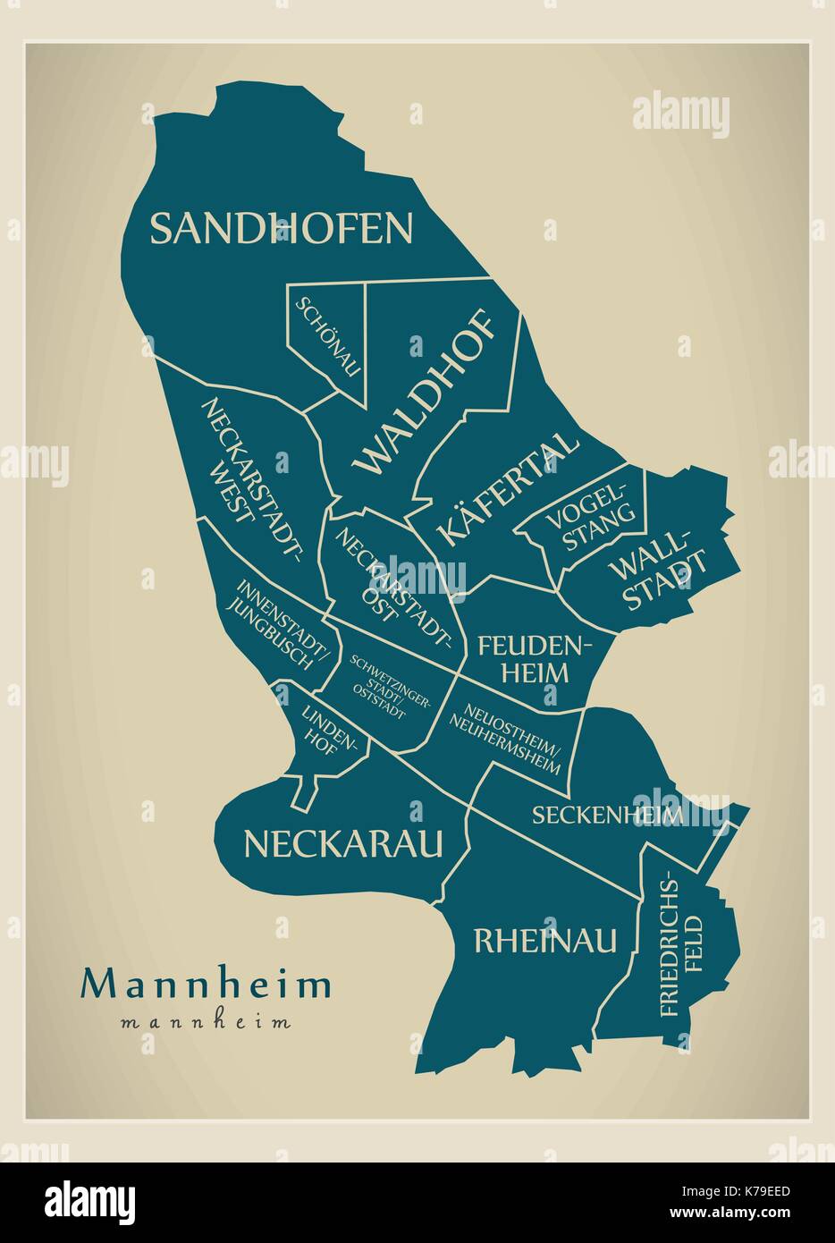 Modern City Map - Mannheim city of Germany with boroughs and titles DE Stock Vector
