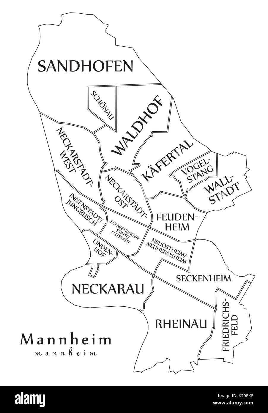 Modern City Map - Mannheim city of Germany with boroughs and titles DE