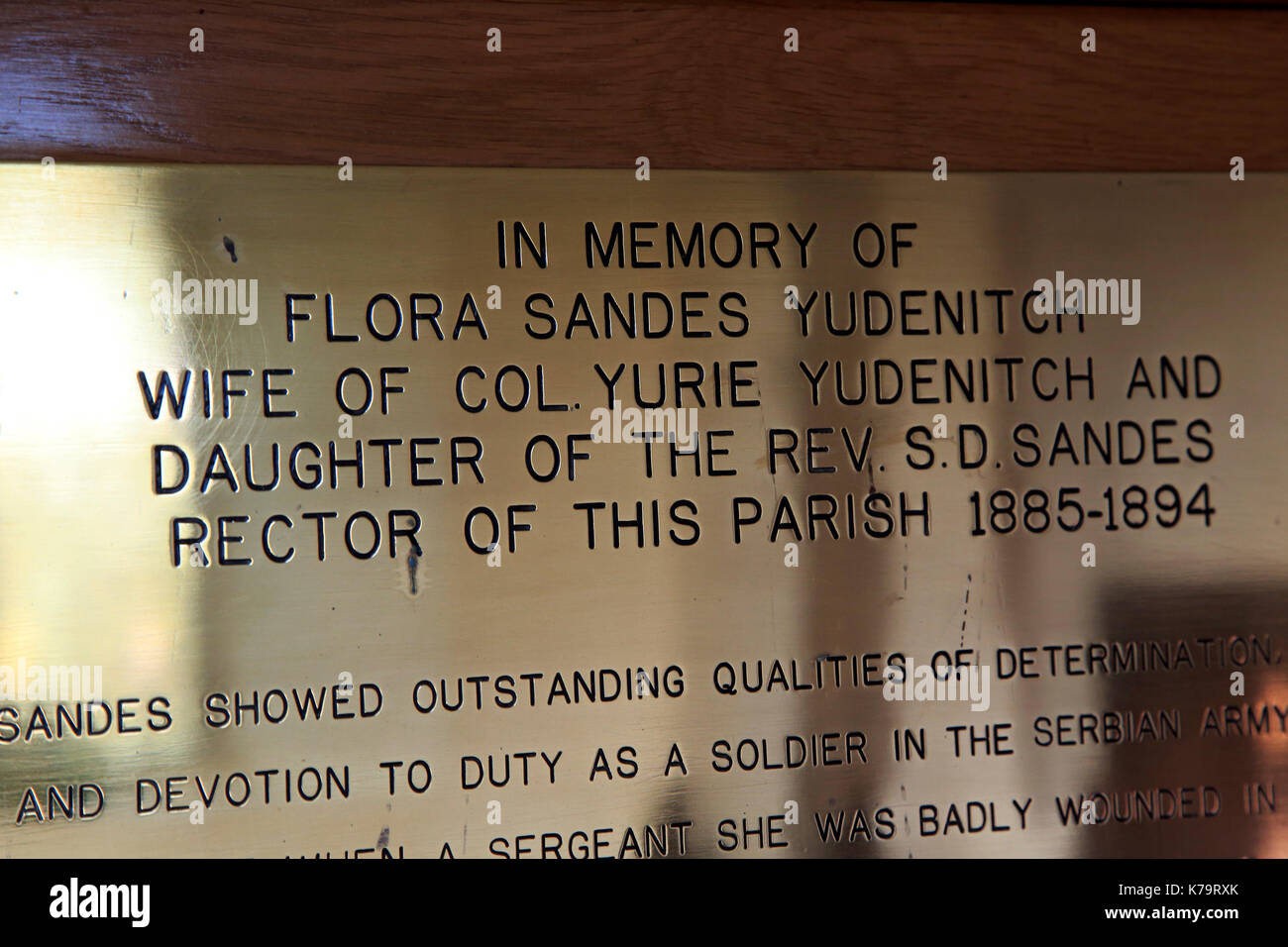 Flora Sandes Yudenitch memorial, Marlseford church, Suffolk, England, UK, British woman First World war soldier Stock Photo