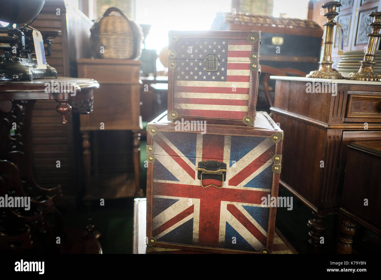 Antique boxes with Union Jack and Stars and Stripes flags Stock Photo