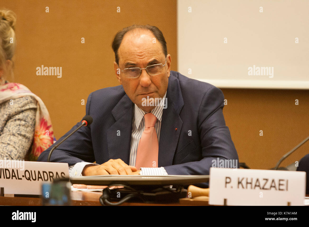 Geneva, United States. 14th Sep, 2017. Alejo Vidal-Quadras, President of the International Committee in Search of Justice(ISJ), United Nations, Geneva, Switzerland 14/09/2017 - Human Rights experts and personalities in a conference on September 13, 2017, at the 36th session of the Human Rights Council in Geneva, supported the request of Asma Jahangir, the UN Special Rapporteur on the situation of human rights in Iran, for investigation of the 1988 Massacre in Iran. Credit: Siavosh Hosseini/Pacific Press/Alamy Live News Stock Photo