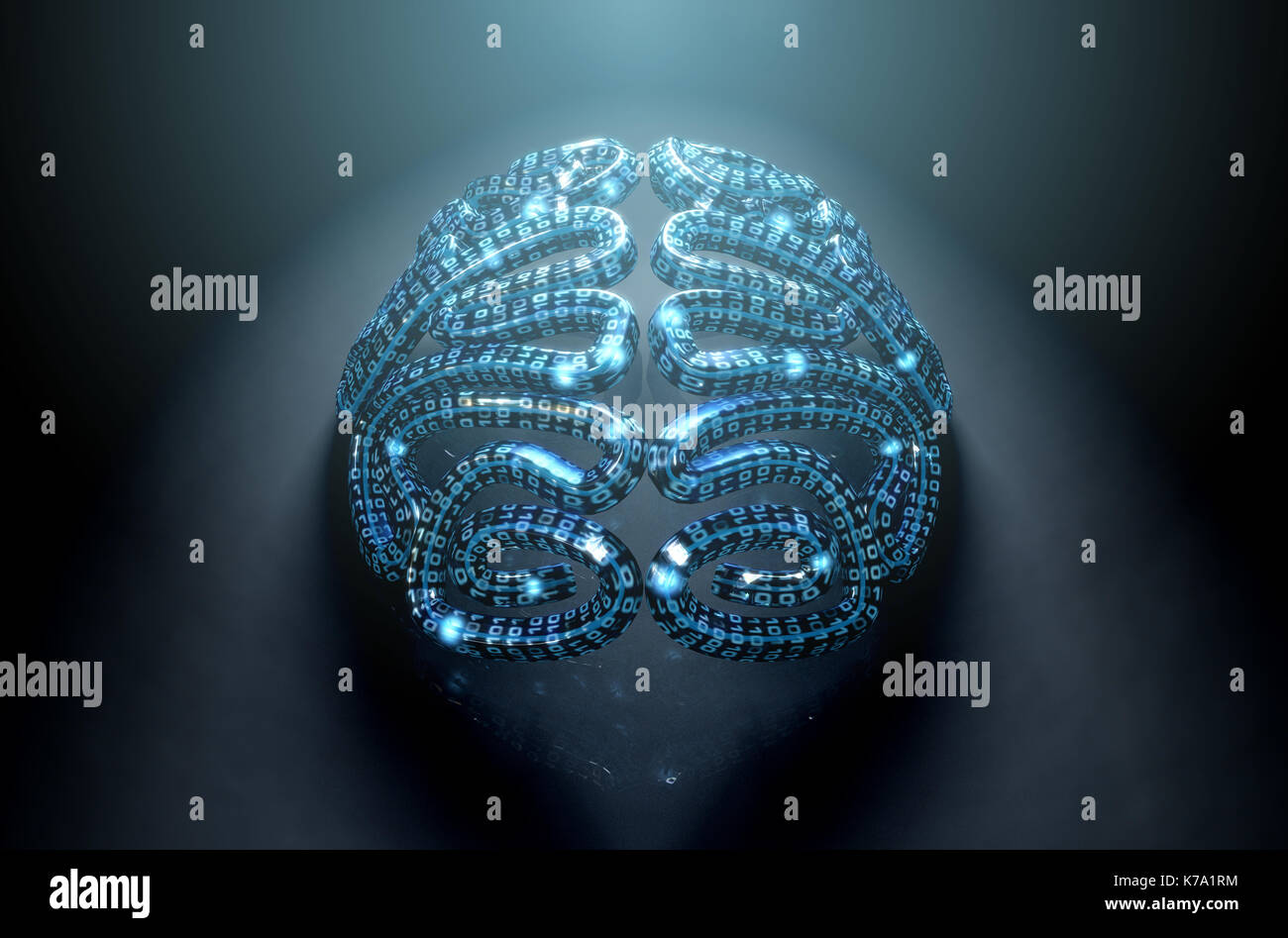 A stylized brain textured with binary computer data code depicting artificial intelligence on an isolated dark spotlit background - 3D render Stock Photo