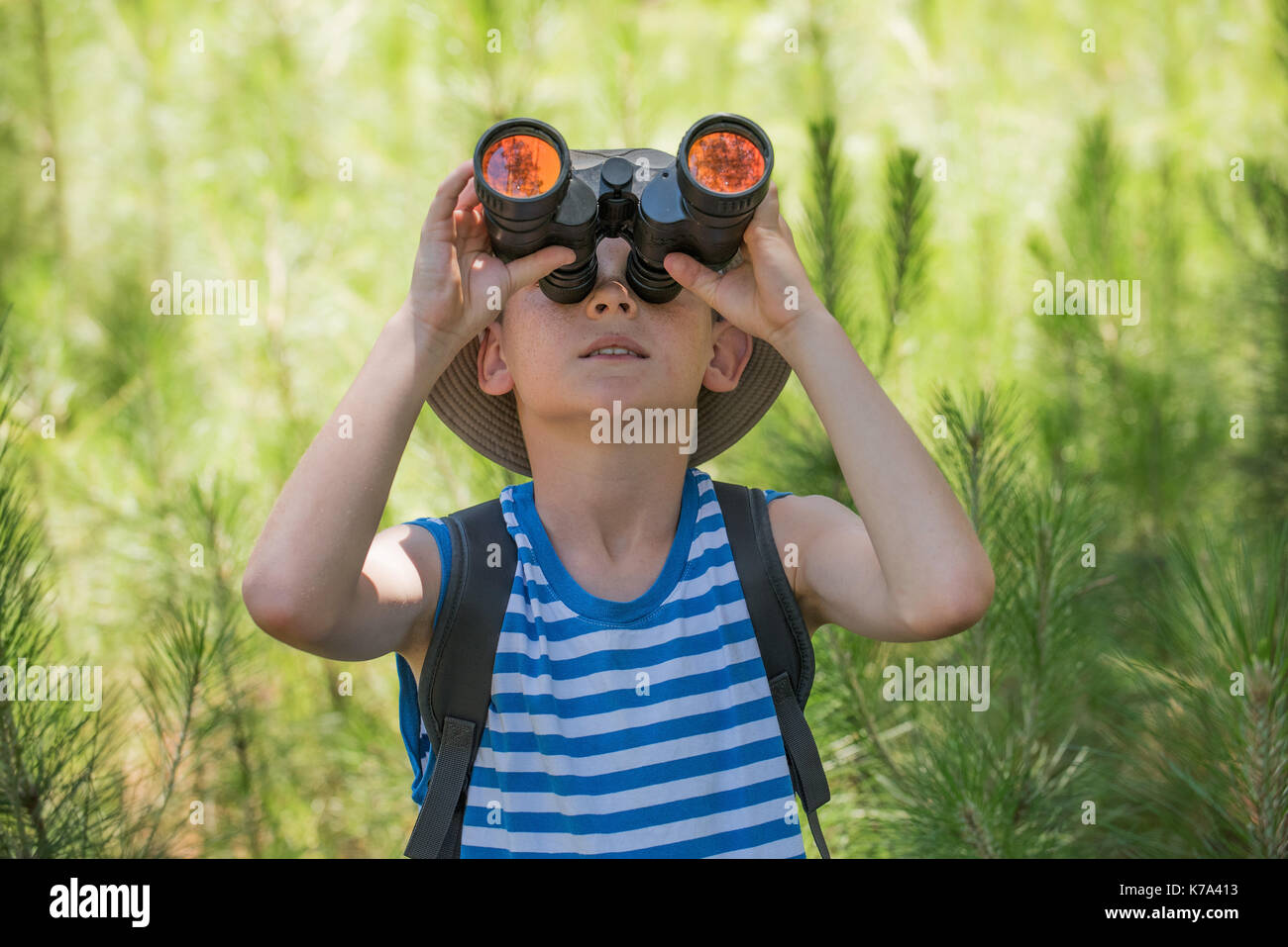 Boy looking through binoculars in woods Stock Photo