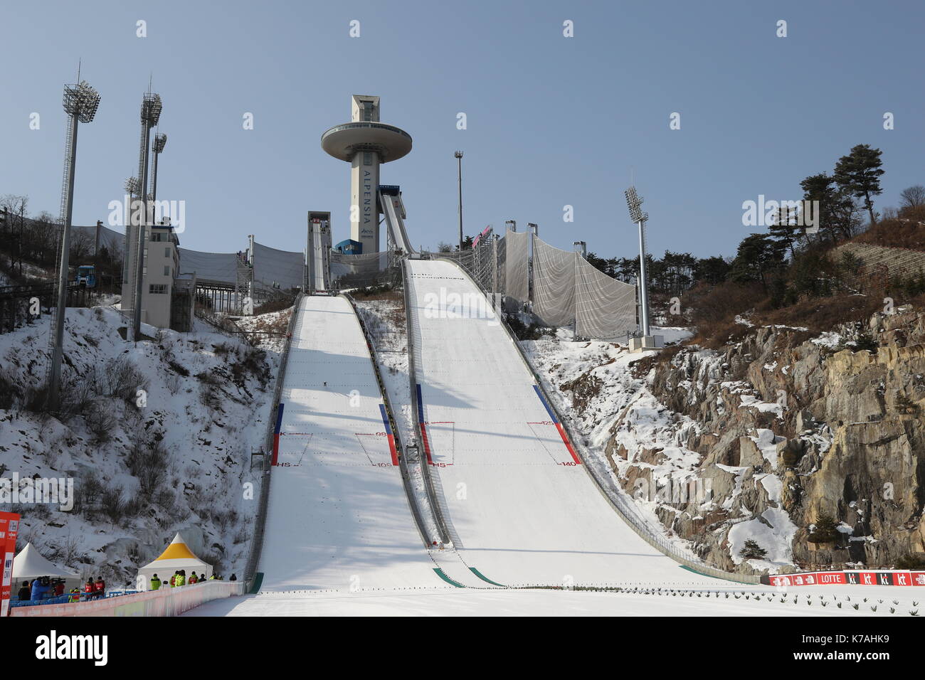 Pyeongchang, South Korea. 15th Feb, 2017. Alpensia Ski Jumping Centre Ski  Jumping : A general view of the ski jumping hills during the FIS Ski Jumping  World Cup Women's Normal Hill Individual (