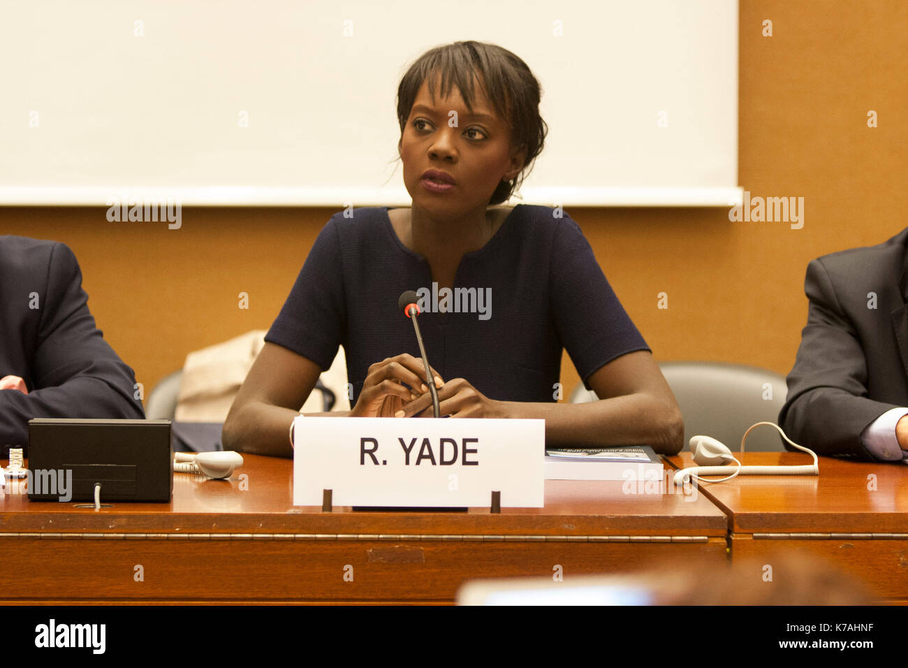 Rama Yade, Former French Secretary of State for Human Rights, United Nations, Geneva, Switzerland. 14th Sep, 2017. Human Rights experts and personalities in a conference on September 13, 2017, at the 36th session of the Human Rights Council in Geneva, supported the request of Asma Jahangir, the UN Special Rapporteur on the situation of human rights in Iran, for investigation of the 1988 Massacre in Iran. Credit: Siavosh Hosseini/Alamy Live News Stock Photo
