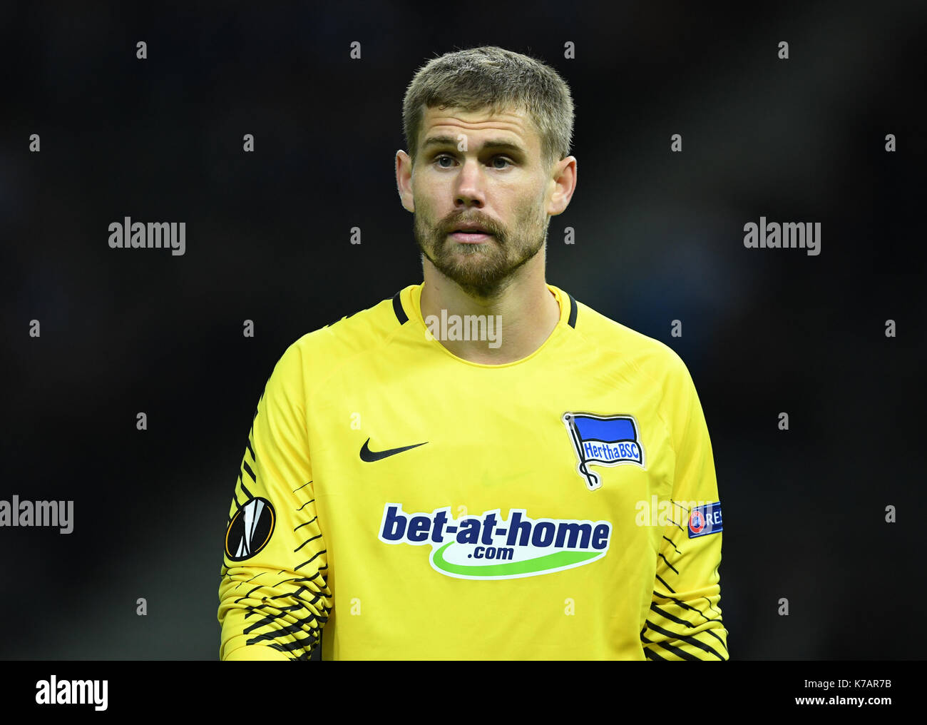 Berlin, Germany. 14th Sep, 2017. Hertha's goalkeeper Thomas Kraft during the Europa League soccer match between Hertha BSC and Athletic Bilbao, group phase, group J, 1. match day in the Olympia stadium in Berlin, Germany, 14 September 2017. Photo: Soeren Stache/dpa/Alamy Live News Stock Photo