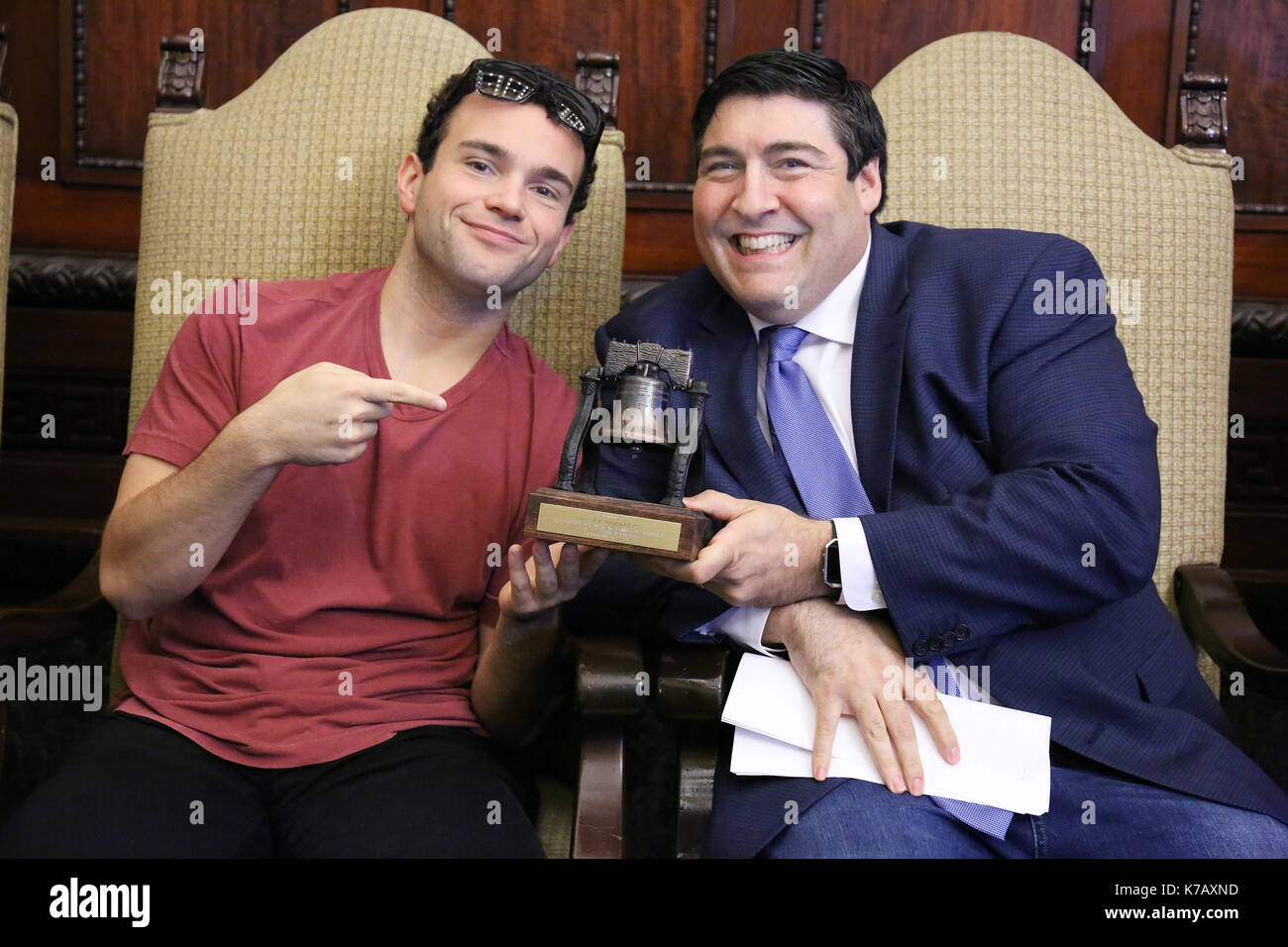 Pjiladelphia, PA, USA. 15th Sep, 2017. Actor Troy Gentile, who plays Barry Goldberg and producer Adam F Goldberg pictured with Liberty bell given by Philadelphia Mayor Jim Kenney for the Goldbergs in City Hall in Philadelphia, Pa on September 15, 2017 Credit: Star Shooter/Media Punch/Alamy Live News Stock Photo