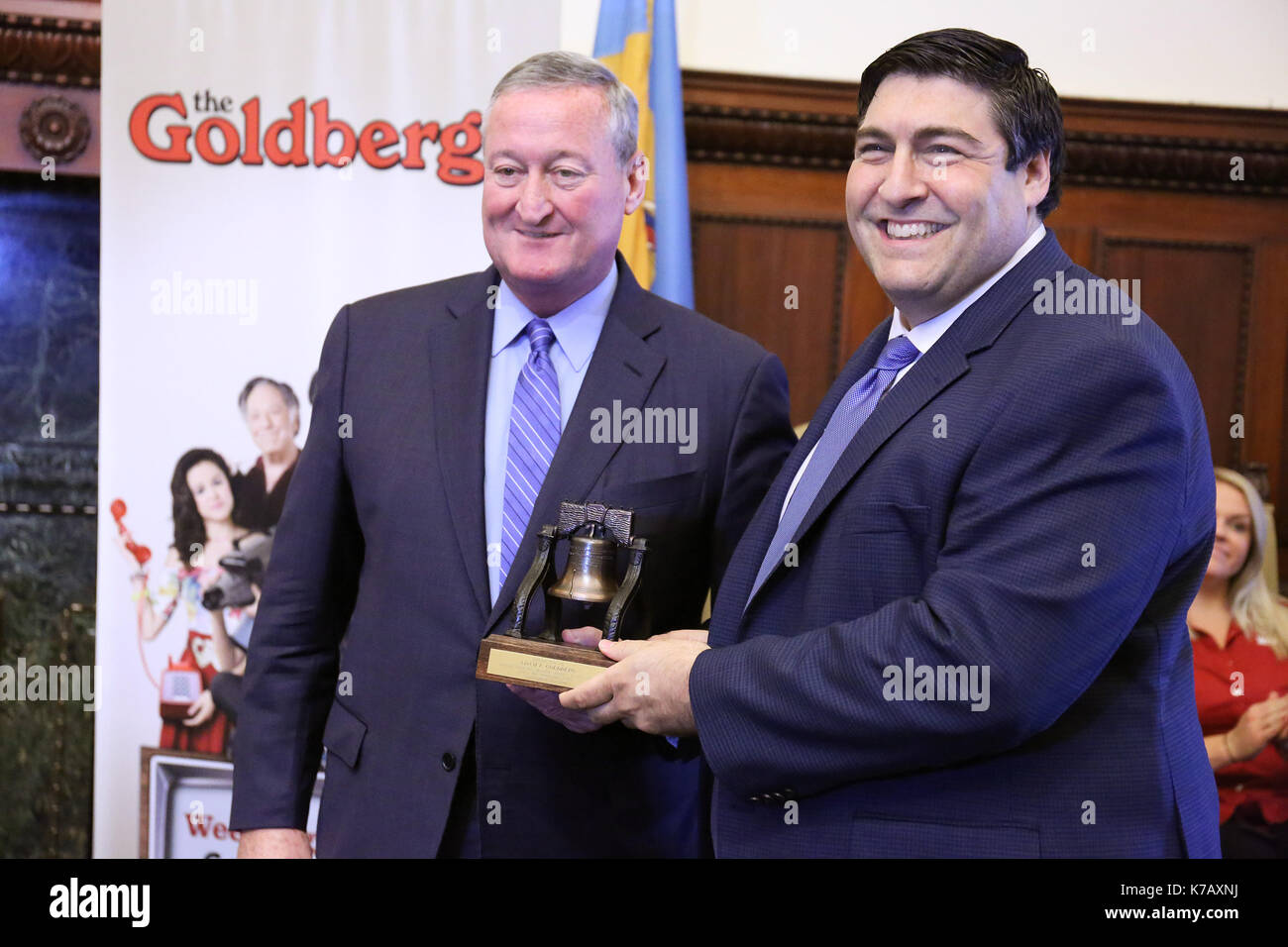 Pjiladelphia, PA, USA. 15th Sep, 2017. Producer Adam F Goldberg pictured with Philadelphia Mayor Jim Kenney as he receives a Liberty Bell for the Goldbergs in City Hall in Philadelphia, Pa on September 15, 2017 Credit: Star Shooter/Media Punch/Alamy Live News Stock Photo