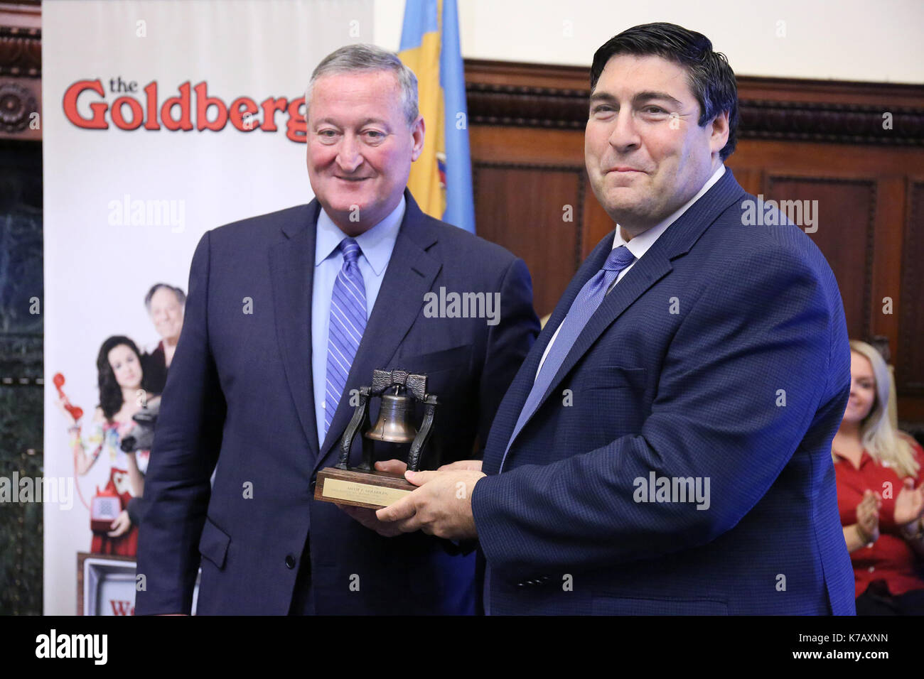 Pjiladelphia, PA, USA. 15th Sep, 2017. Producer Adam F Goldberg pictured with Philadelphia Mayor Jim Kenney as he receives a Liberty Bell for the Goldbergs in City Hall in Philadelphia, Pa on September 15, 2017 Credit: Star Shooter/Media Punch/Alamy Live News Stock Photo