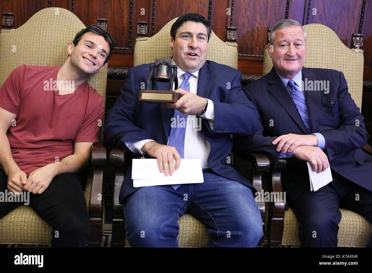 Pjiladelphia, PA, USA. 15th Sep, 2017. Actor Troy Gentile, who plays Barry Goldberg and producer Adam F Goldberg receive Liberty Bell from Philadelphia Mayor Jim Kenney for the Goldbergs in City Hall in Philadelphia, Pa on September 15, 2017 Credit: Star Shooter/Media Punch/Alamy Live News Stock Photo
