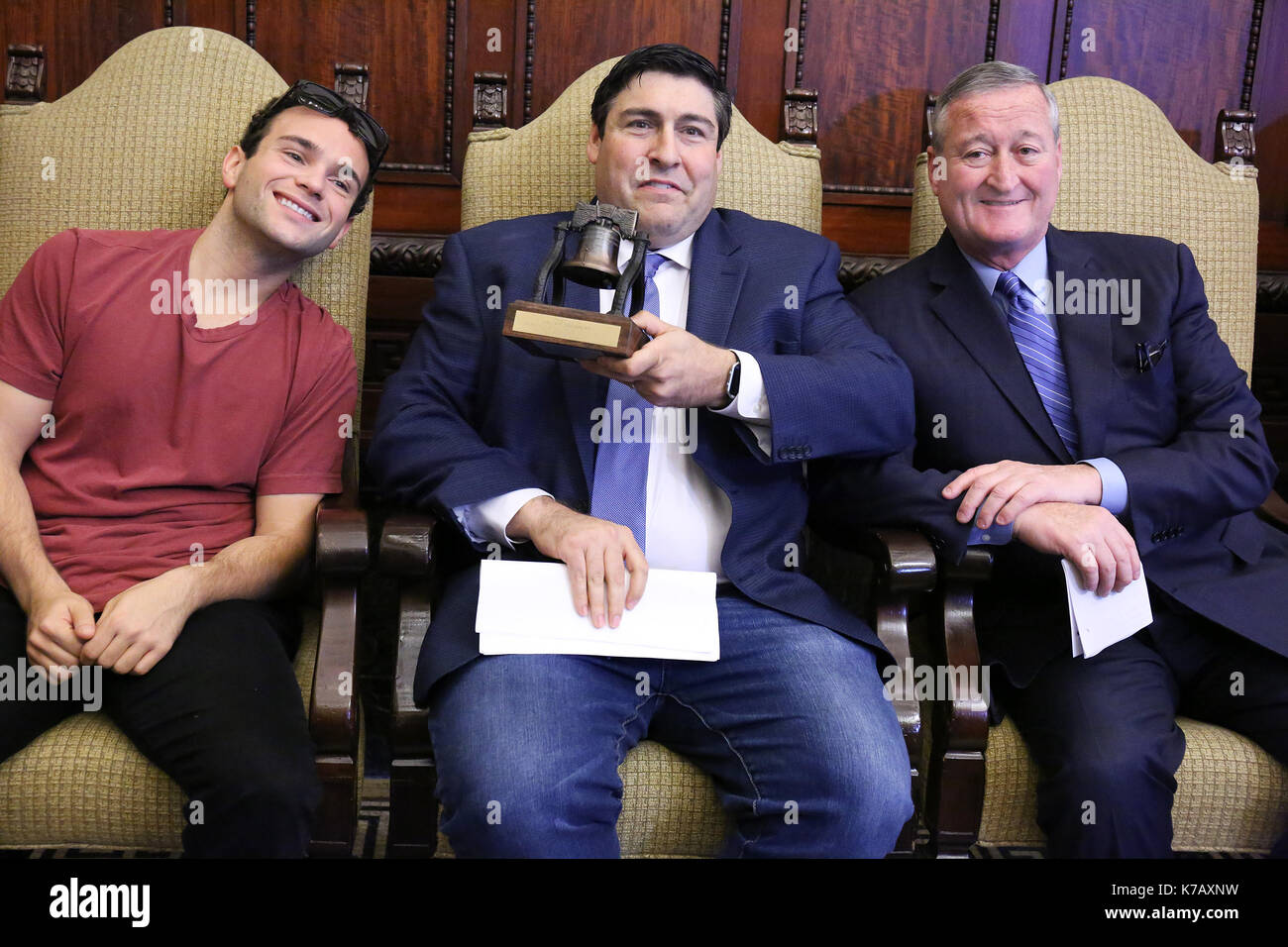 Pjiladelphia, PA, USA. 15th Sep, 2017. Actor Troy Gentile, who plays Barry Goldberg and producer Adam F Goldberg receive Liberty Bell from Philadelphia Mayor Jim Kenney for the Goldbergs in City Hall in Philadelphia, Pa on September 15, 2017 Credit: Star Shooter/Media Punch/Alamy Live News Stock Photo