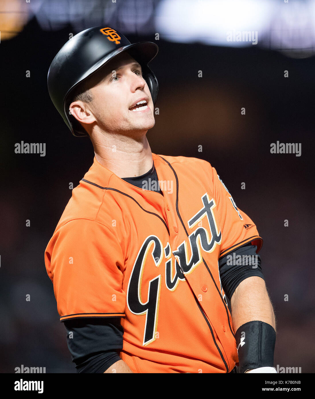 San Francisco, California, USA. 15th Sep, 2017. San Francisco Giants first baseman Buster Posey (28) watches his ball go foul in the first inning, during a MLB game between the Arizona Diamondbacks and the San Francisco Giants at AT&T Park in San Francisco, California. Valerie Shoaps/CSM/Alamy Live News Stock Photo