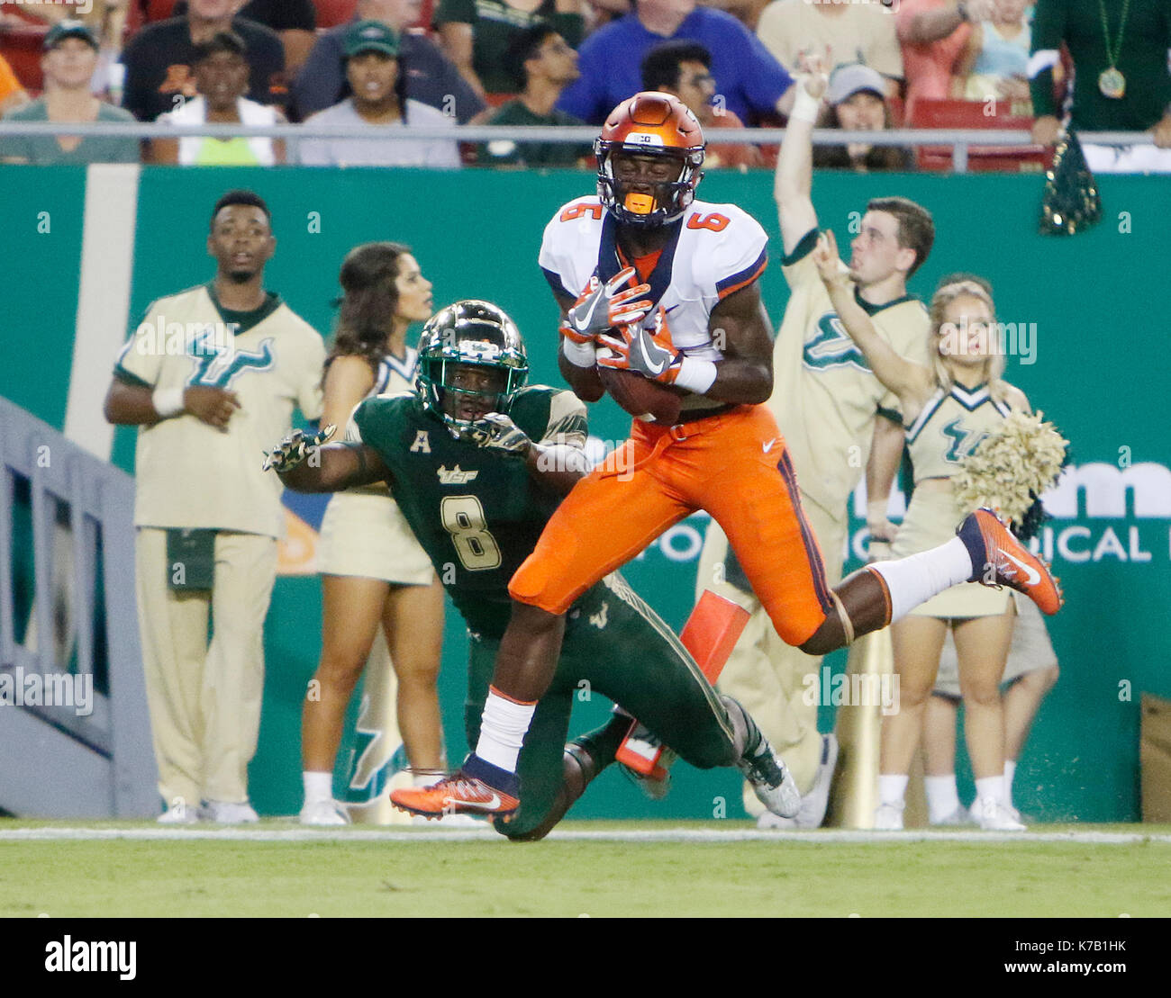 City, Florida, USA. 15th Sep, 2017. OCTAVIO JONES | Times .llinois Fighting Illini defensive back Tony Adams makes an interception thrown by South Florida Bulls quarterback Quinton Flowers (9) during the first quarter at Raymond James Stadium in Tampa, Florida on Friday, September 15, 2017. Credit: Octavio Jones/Tampa Bay Times/ZUMA Wire/Alamy Live News Stock Photo