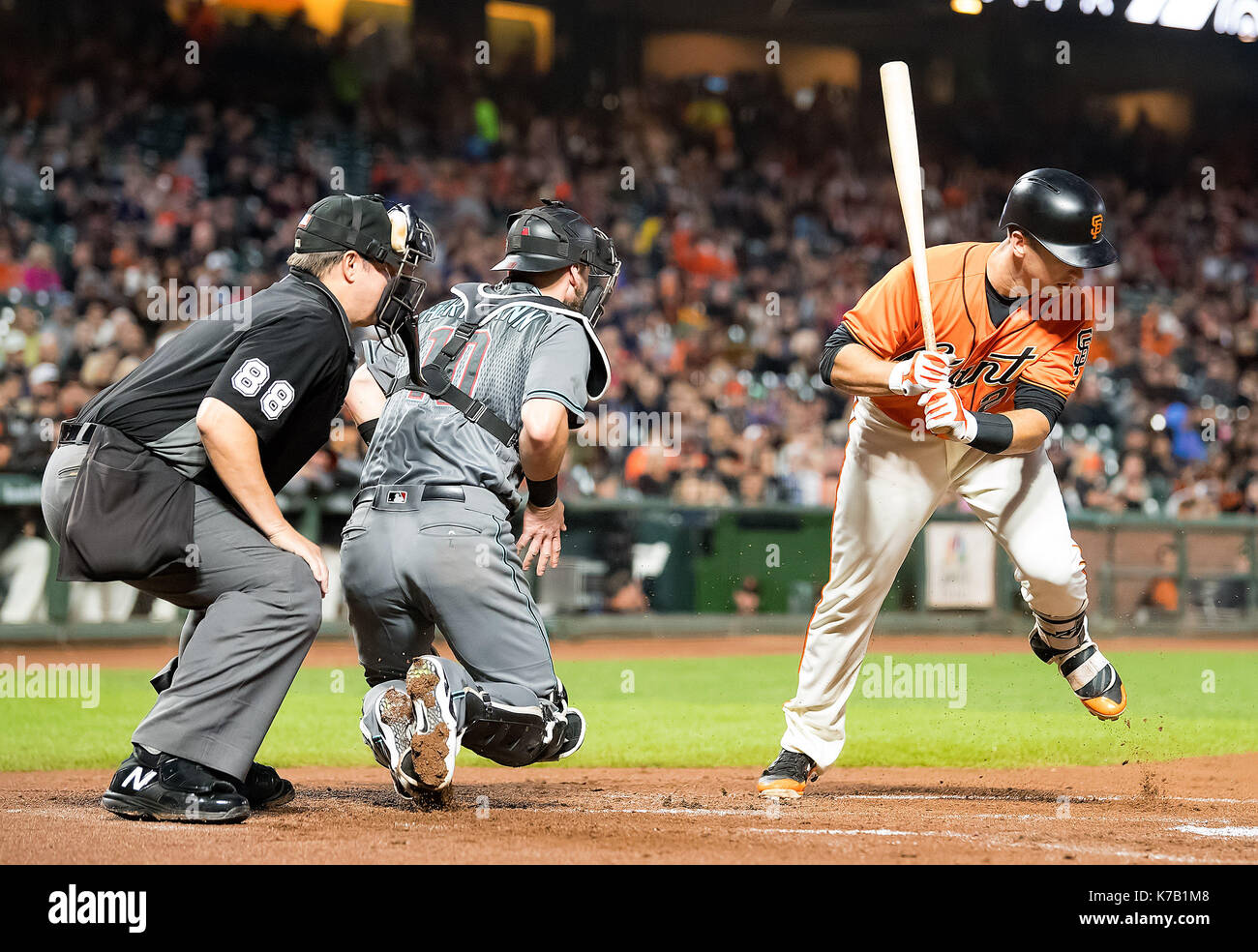 San Francisco, California, USA. 15th Sep, 2017. San Francisco Giants first baseman Buster Posey (28) steps away from a low pitch, during a MLB game between the Arizona Diamondbacks and the San Francisco Giants at AT&T Park in San Francisco, California. Valerie Shoaps/CSM/Alamy Live News Stock Photo