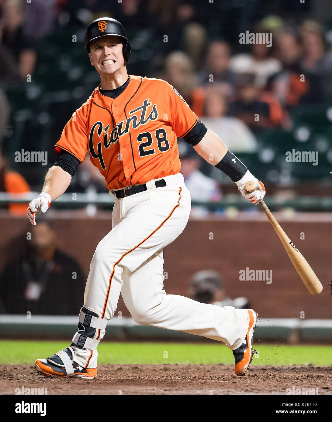 San Francisco, California, USA. 15th Sep, 2017. San Francisco Giants first baseman Buster Posey (28) reacts after striking out in the sixth inning, during a MLB game between the Arizona Diamondbacks and the San Francisco Giants at AT&T Park in San Francisco, California. Valerie Shoaps/CSM/Alamy Live News Stock Photo