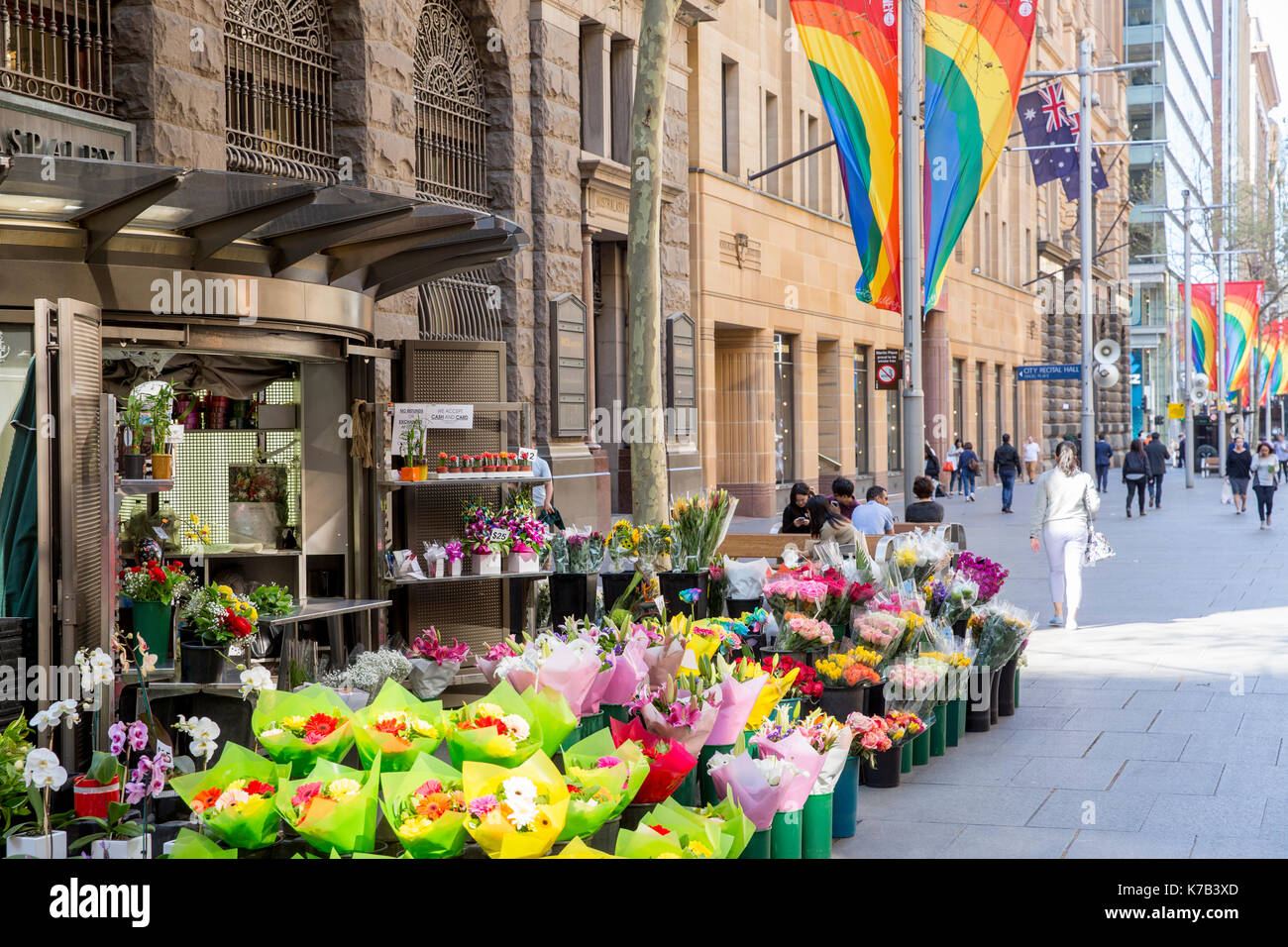 Florist stall selling spring flowers in Martin Place, Sydney city