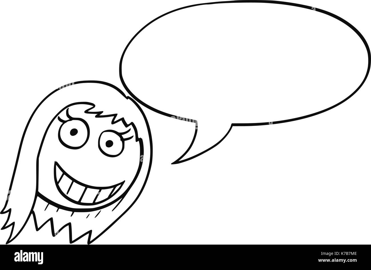 Cartoon illustration of smiling woman female head with empty text speech bubble balloon. Stock Vector