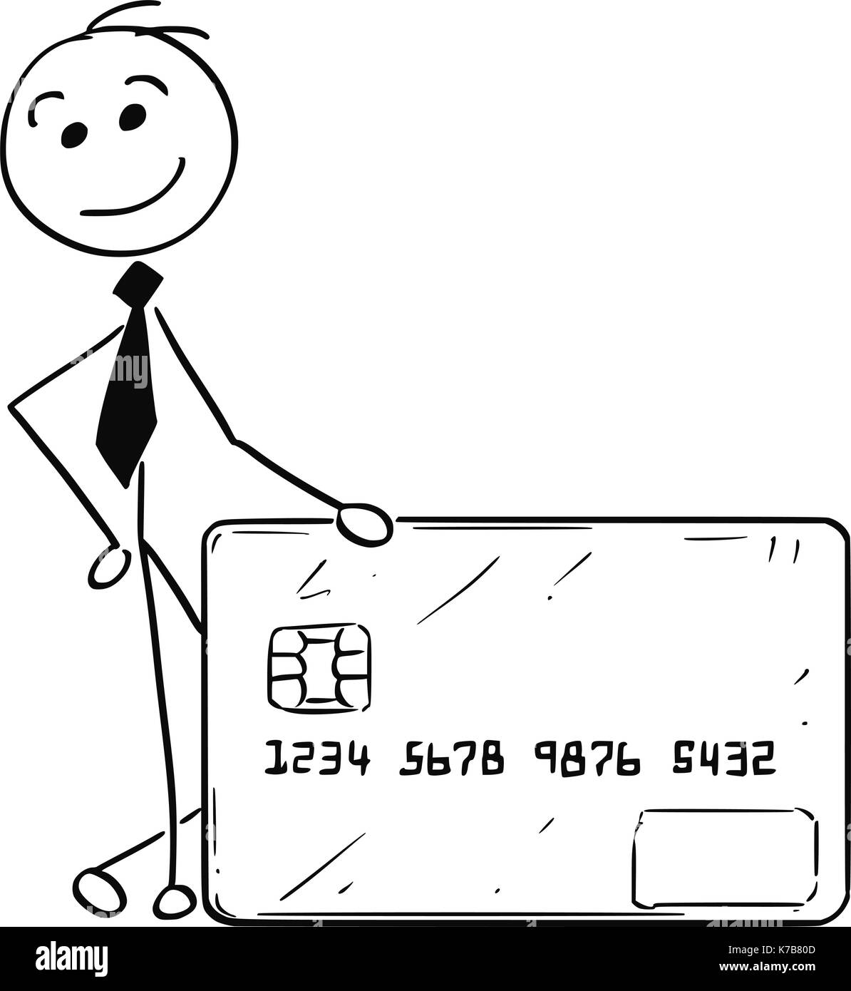 Cartoon stick man illustration of smiling business man businessman posing with credit or debit card. Stock Vector