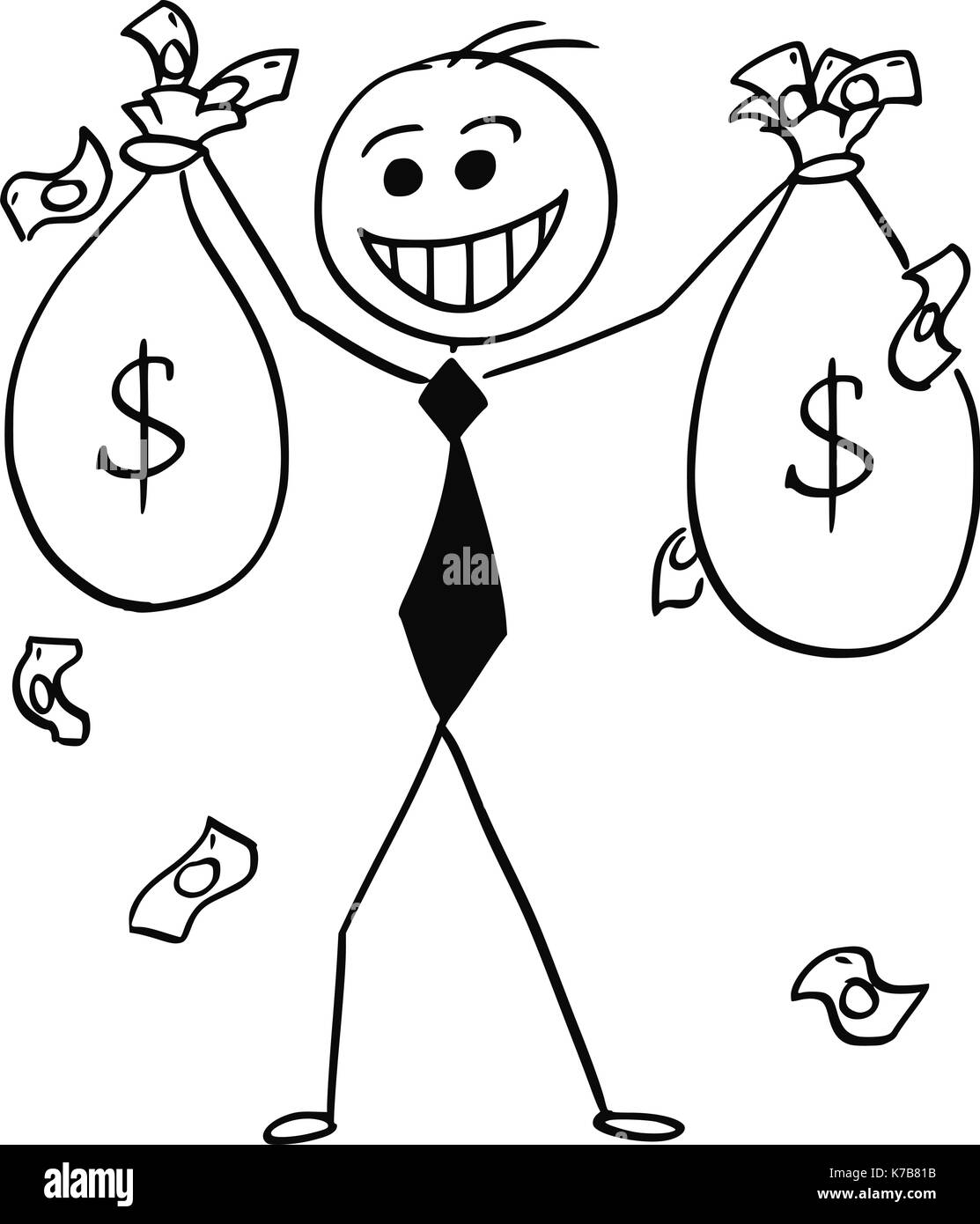 Cartoon stick man illustration of smiling business man businessman with money bags in raised hands. Stock Vector