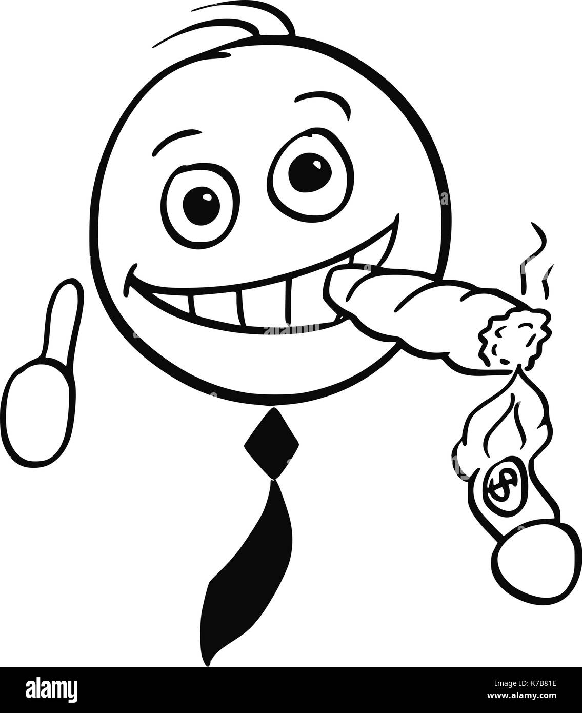 Cartoon stick man illustration of smiling business man businessman lightning big cigar with banknote. Stock Vector