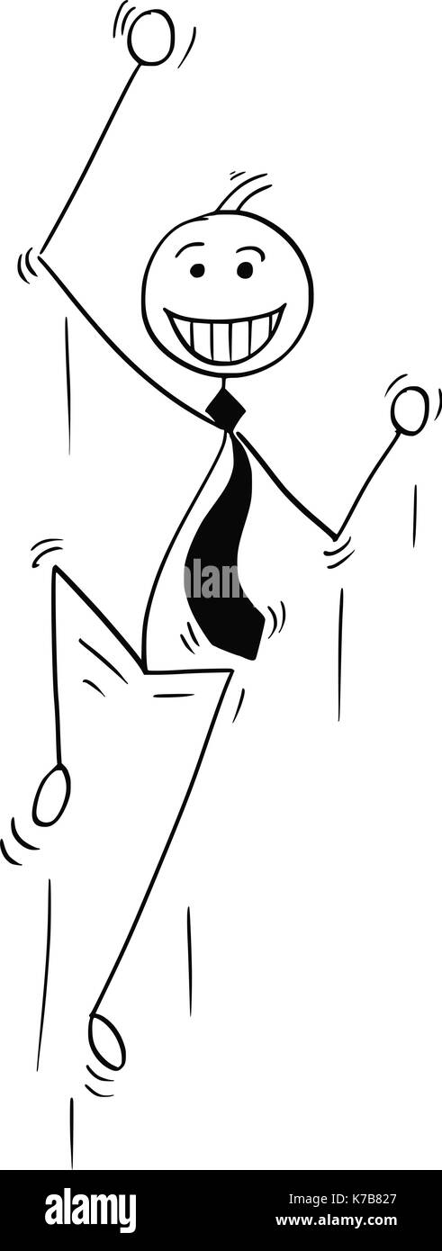 Cartoon stick man illustration of smiling happy business man businessman jumping for joy. Stock Vector