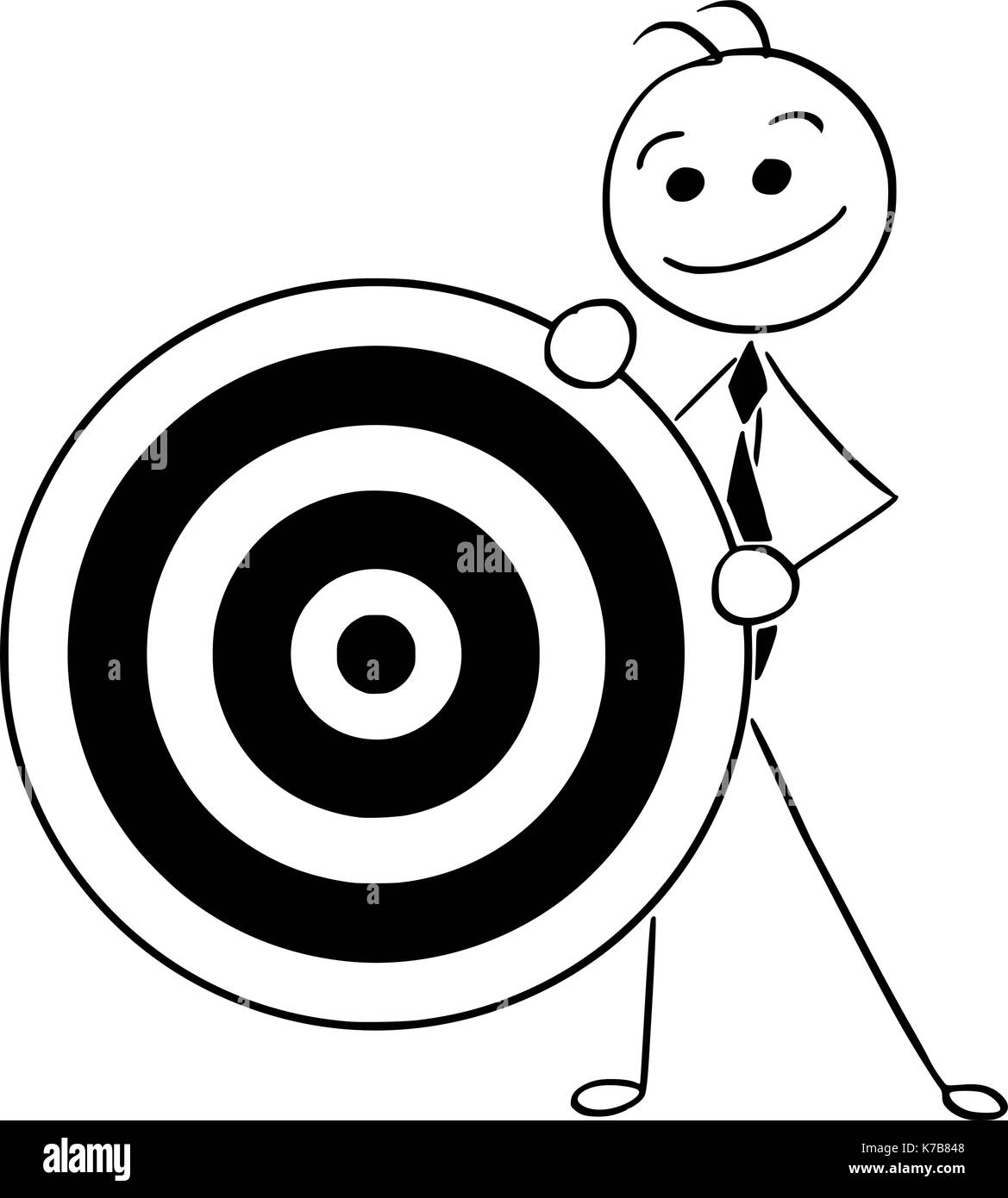 Cartoon stick man illustration of smiling business man businessman holding dartboard target. Stock Vector