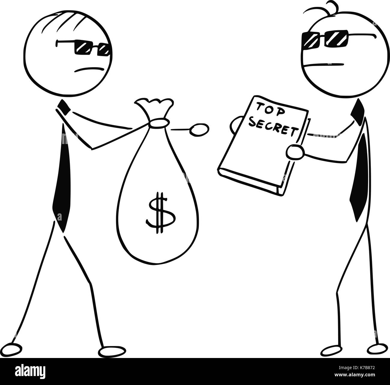 Cartoon stick man illustration of two agents spies business men selling changing top secret for bag of money. Stock Vector