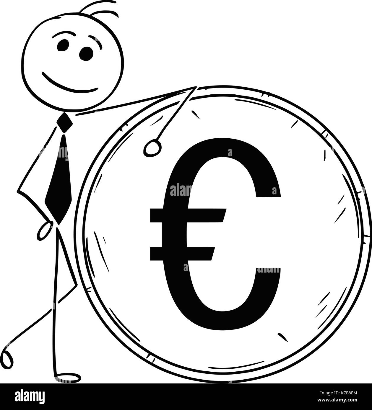 Cartoon stick man illustration of smiling Business man businessman leaning on large euro coin. Stock Vector