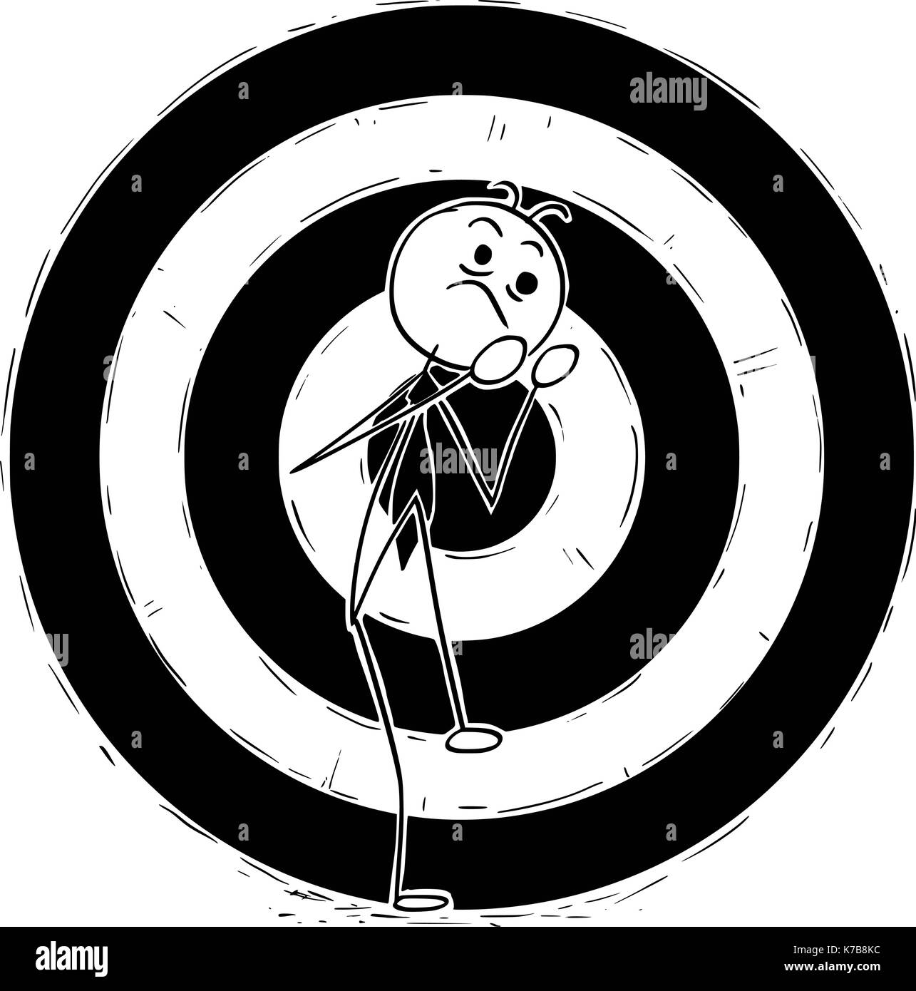 Cartoon stick man illustration of smiling business man businessman standing in front of large dartboard target. Stock Vector