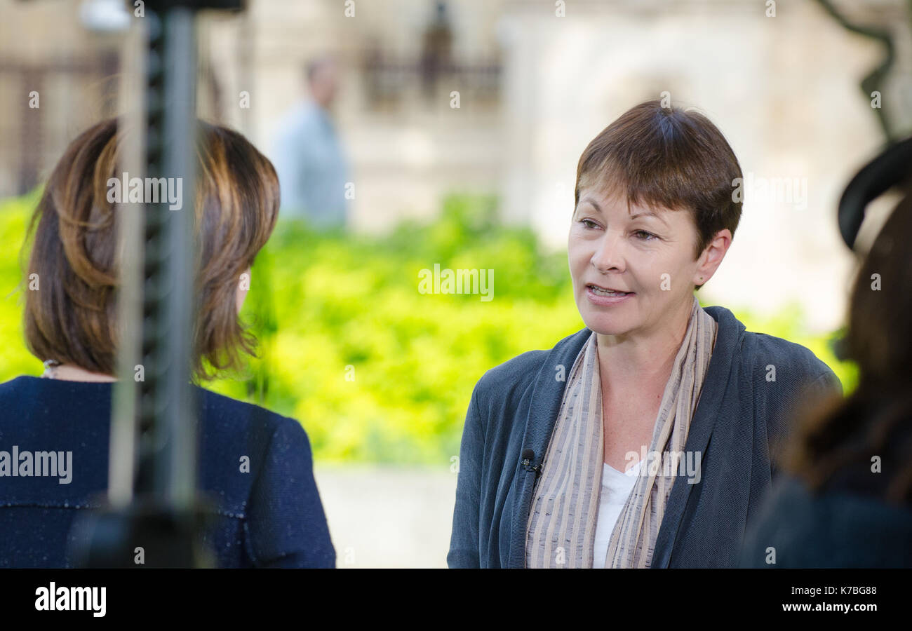 Caroline Lucas MP (Green: Brighton Pavilion and Co-Leader) interviewed on College Green, Westminster by Jane Hill (BBC) as Parliament debates ...... Stock Photo
