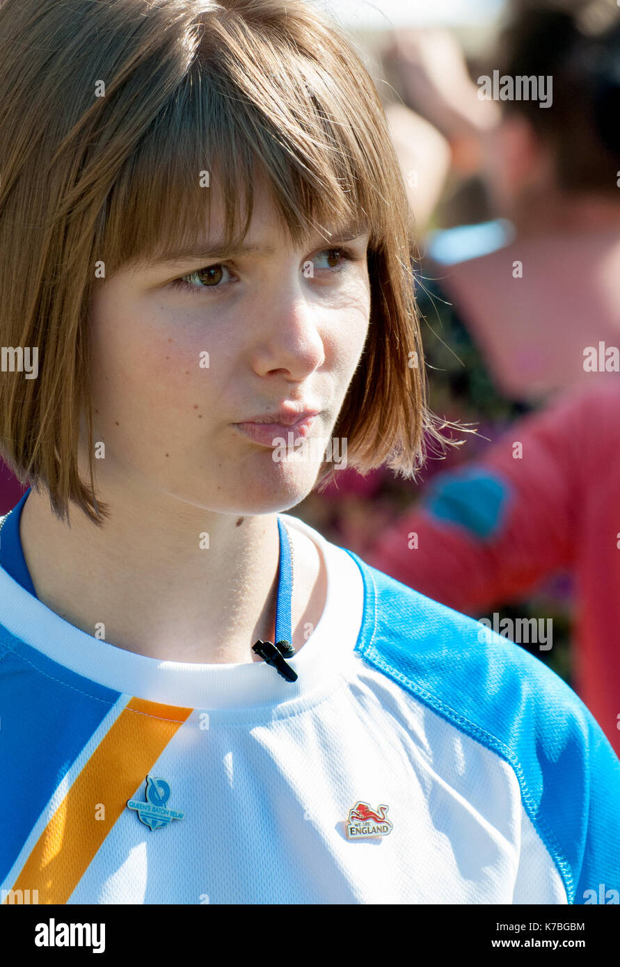 Millie Knight (15 yr old paralympic partially-sighted skier and British flag-bearer at the Sochi 2014 Paralympics) at the Queen's Baton Relay, Tonbrid Stock Photo