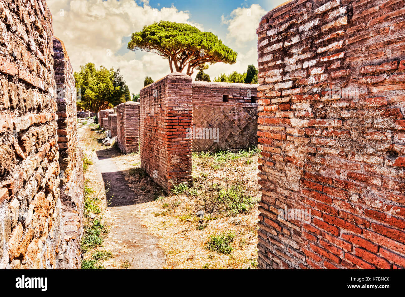 Street view in the archaeological Roman ruins in Ostia Antica - Rome - Italy Stock Photo