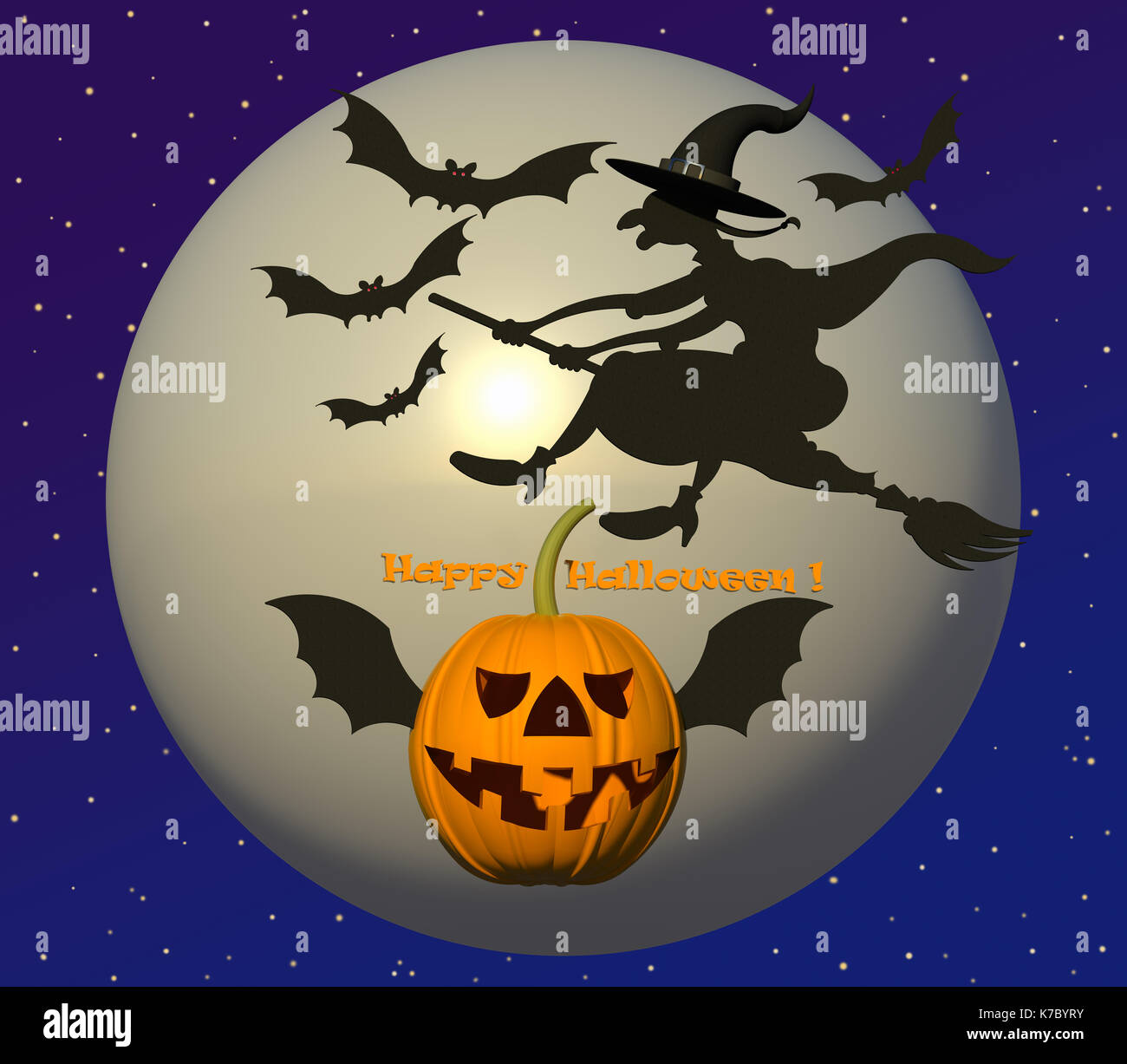 Flying witch and bats on starry night sky background. Halloween